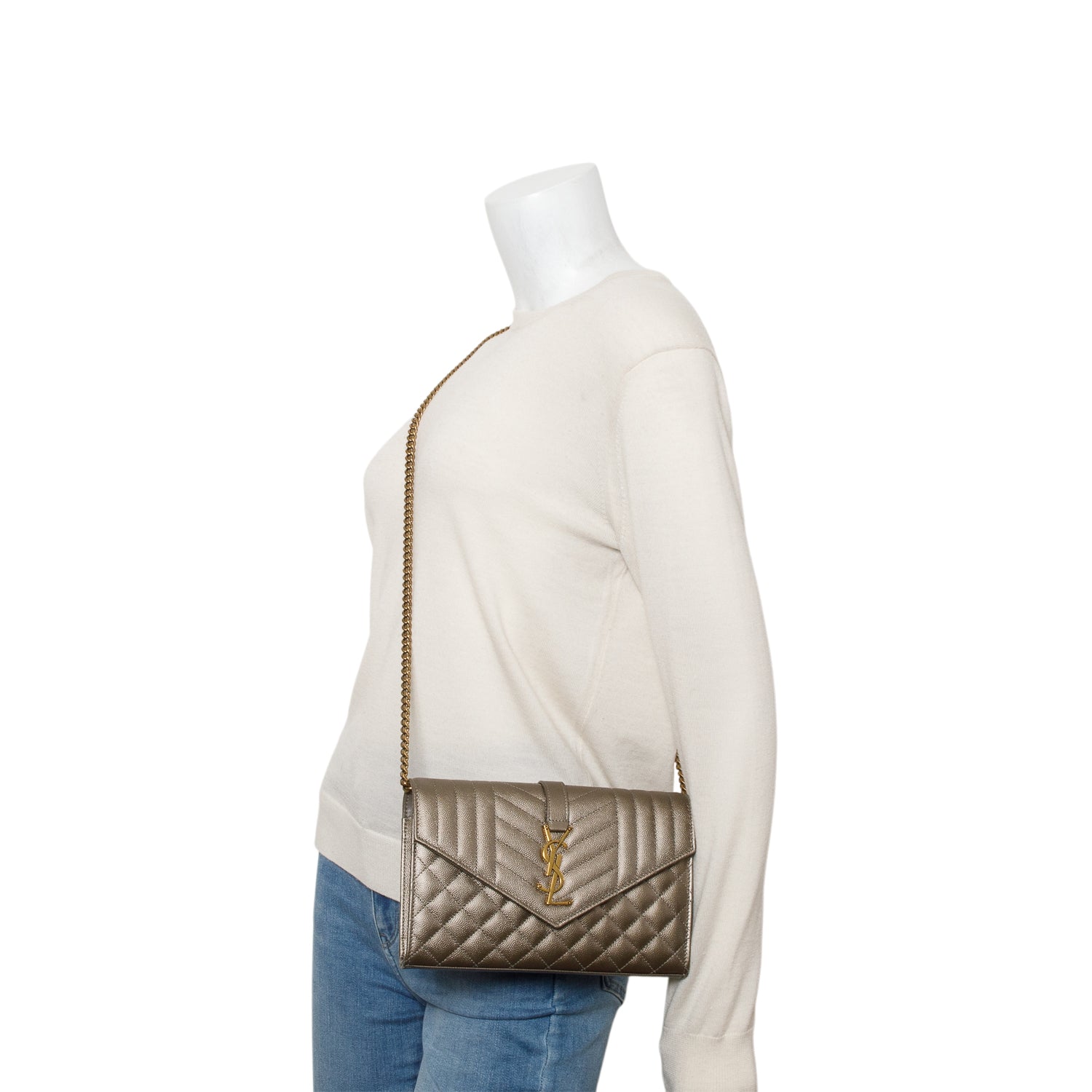 Saint Laurent 2023 Metallic Taupe Grain de Poudre Mixed Matelasse Triquilt Monogram Chain Wallet