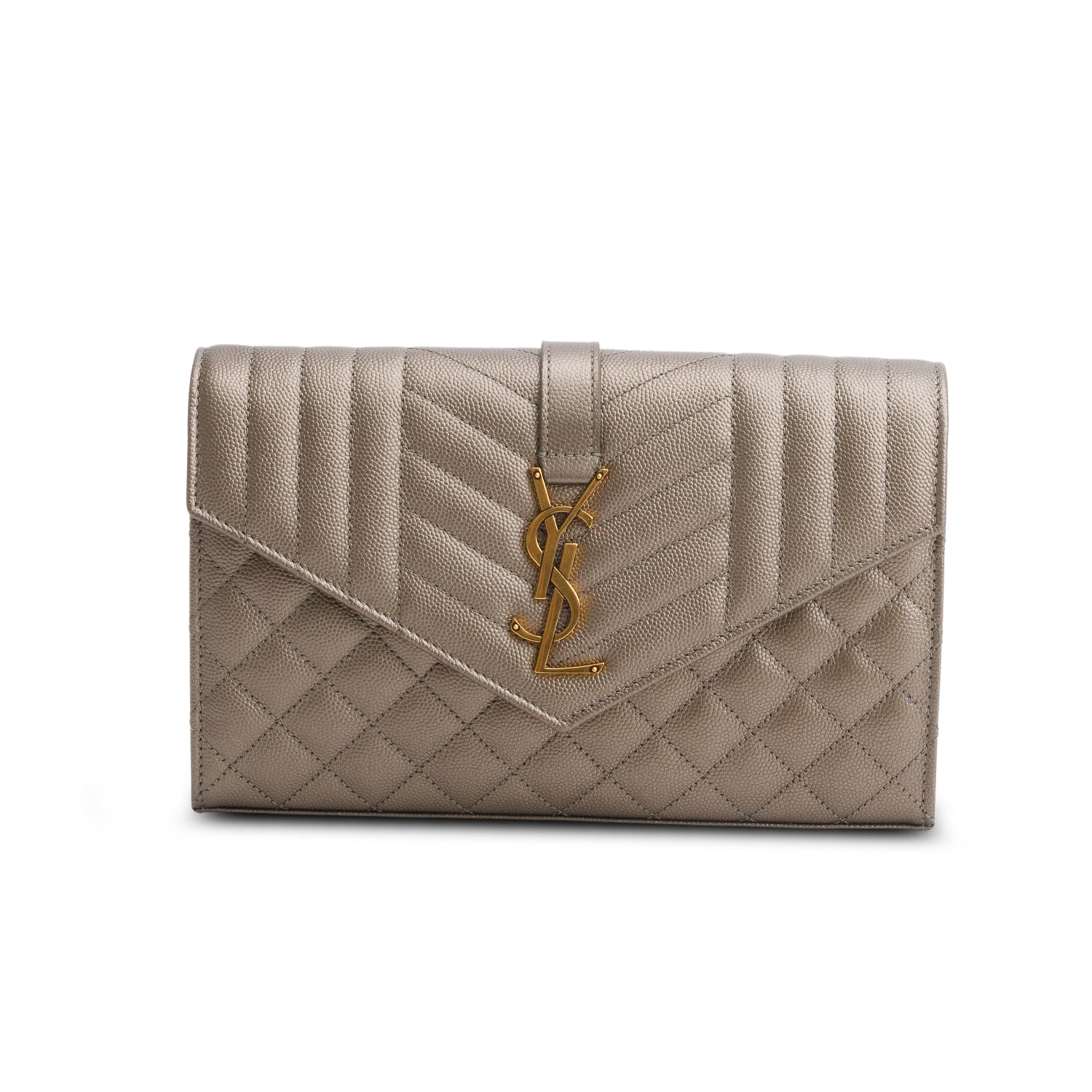 Saint Laurent 2023 Metallic Taupe Grain de Poudre Mixed Matelasse Triquilt Monogram Chain Wallet