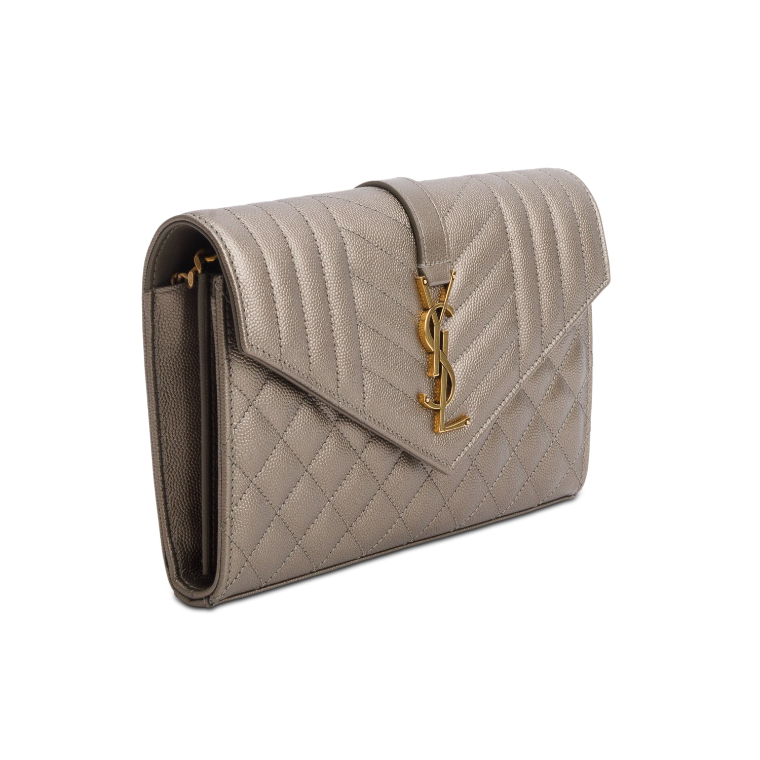 Saint Laurent 2023 Metallic Taupe Grain de Poudre Mixed Matelasse Triquilt Monogram Chain Wallet