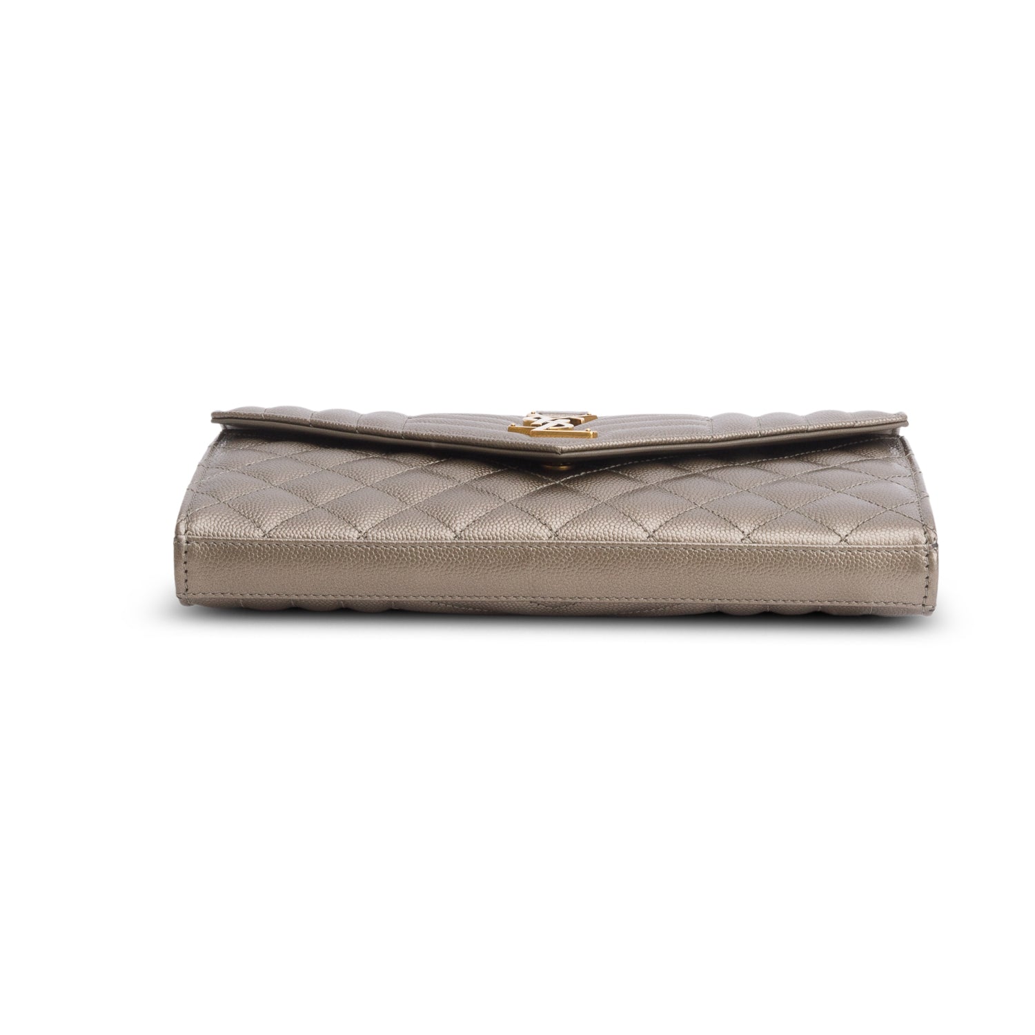 Saint Laurent 2023 Metallic Taupe Grain de Poudre Mixed Matelasse Triquilt Monogram Chain Wallet