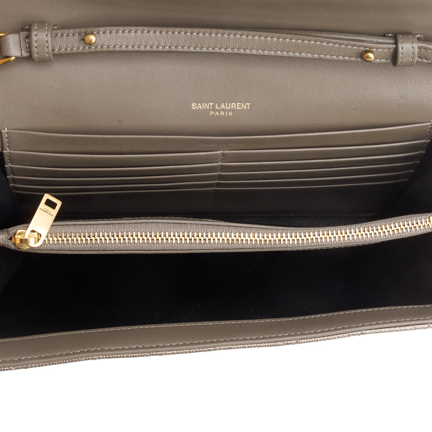 Saint Laurent 2023 Metallic Taupe Grain de Poudre Mixed Matelasse Triquilt Monogram Chain Wallet