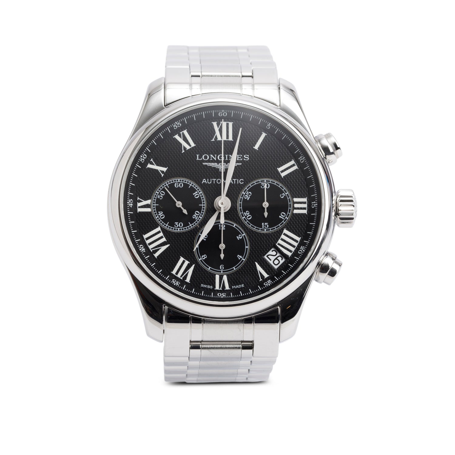 Longines Stainless Steel Master Collection 44 MM Chronograph Automatic Watch Black Dial w/ Box & Papers