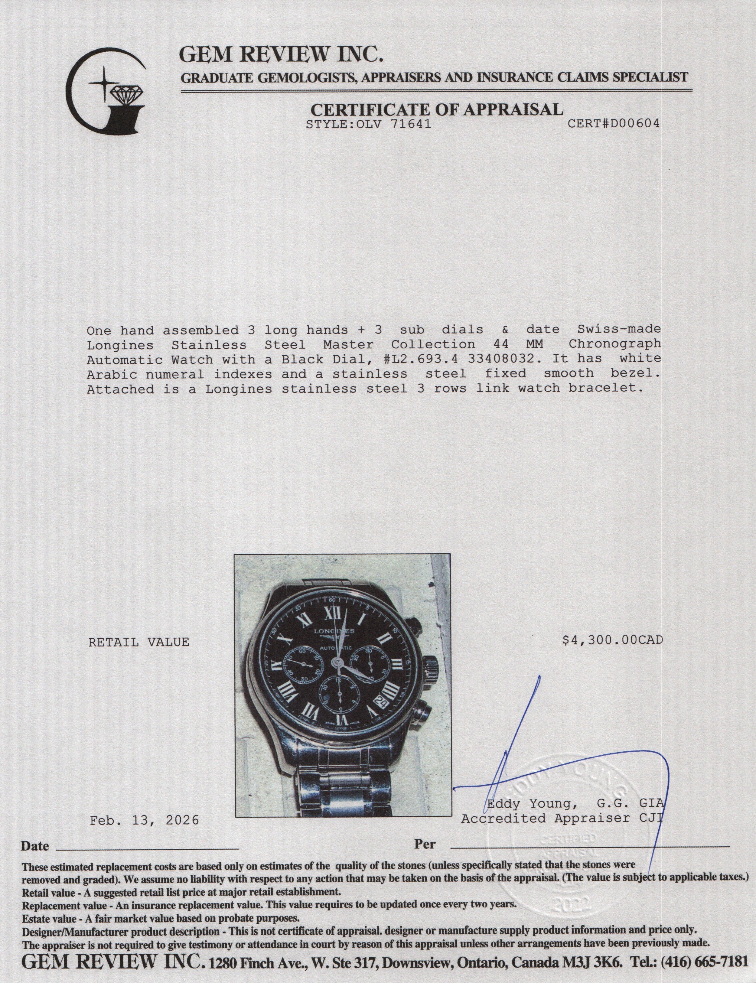 Longines Stainless Steel Master Collection 44 MM Chronograph Automatic Watch Black Dial w/ Box & Papers