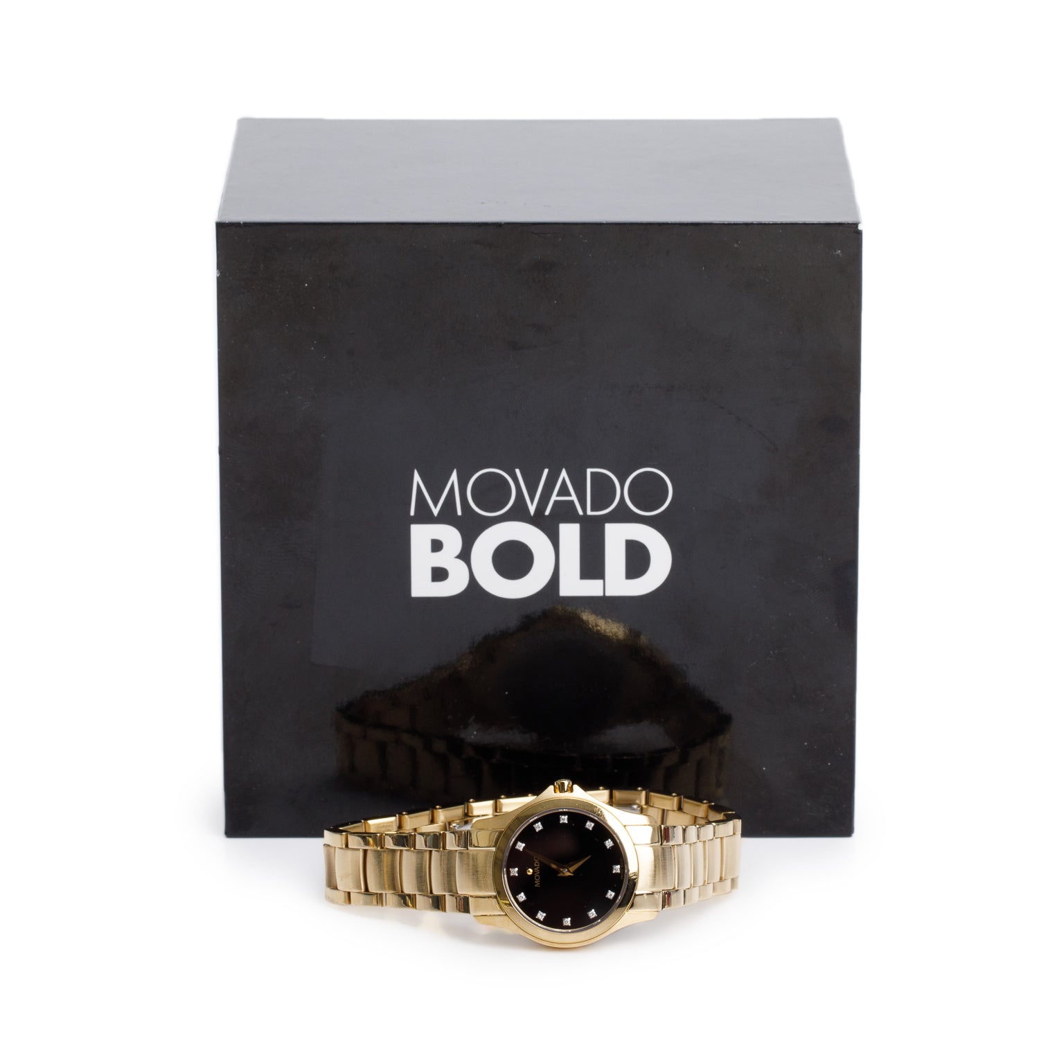 Movado Gold-Plated Stainless Steel Masion 26 MM Quartz Watch Black Diamond Dial w/ Box