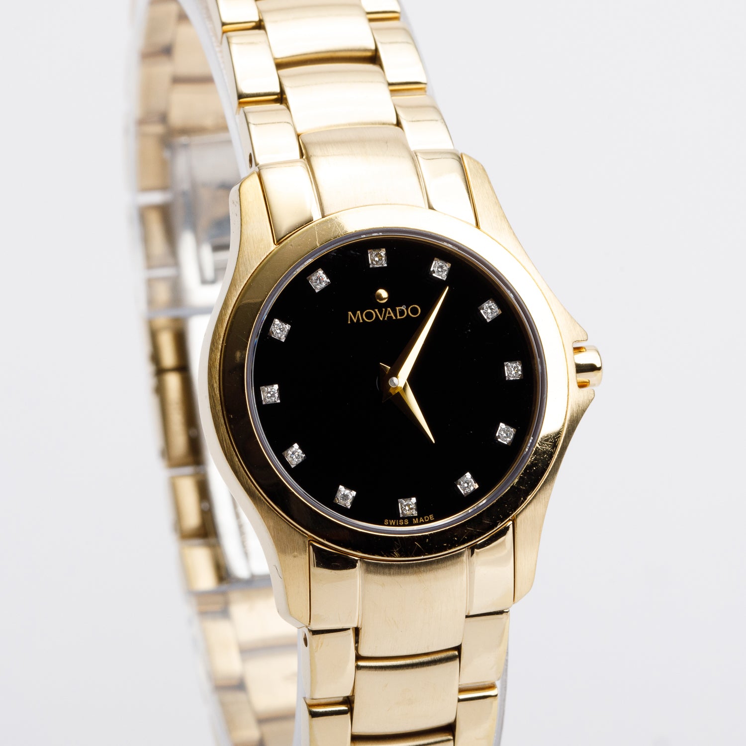 Movado Gold-Plated Stainless Steel Masion 26 MM Quartz Watch Black Diamond Dial w/ Box