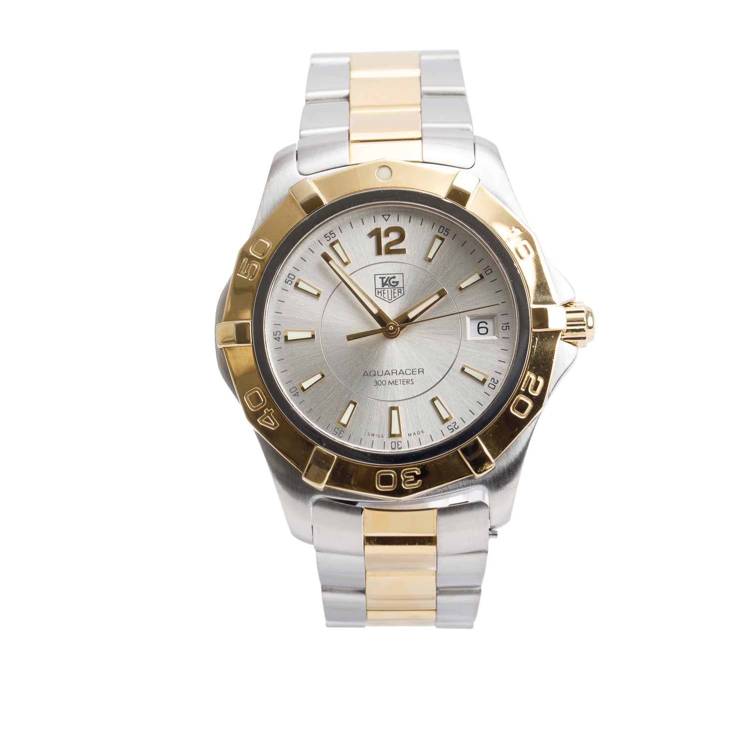 Tag Heuer Stainless Steel & Yellow Gold Plated Aquaracer 39 MM Quartz Watch Silver Dial WAF1120