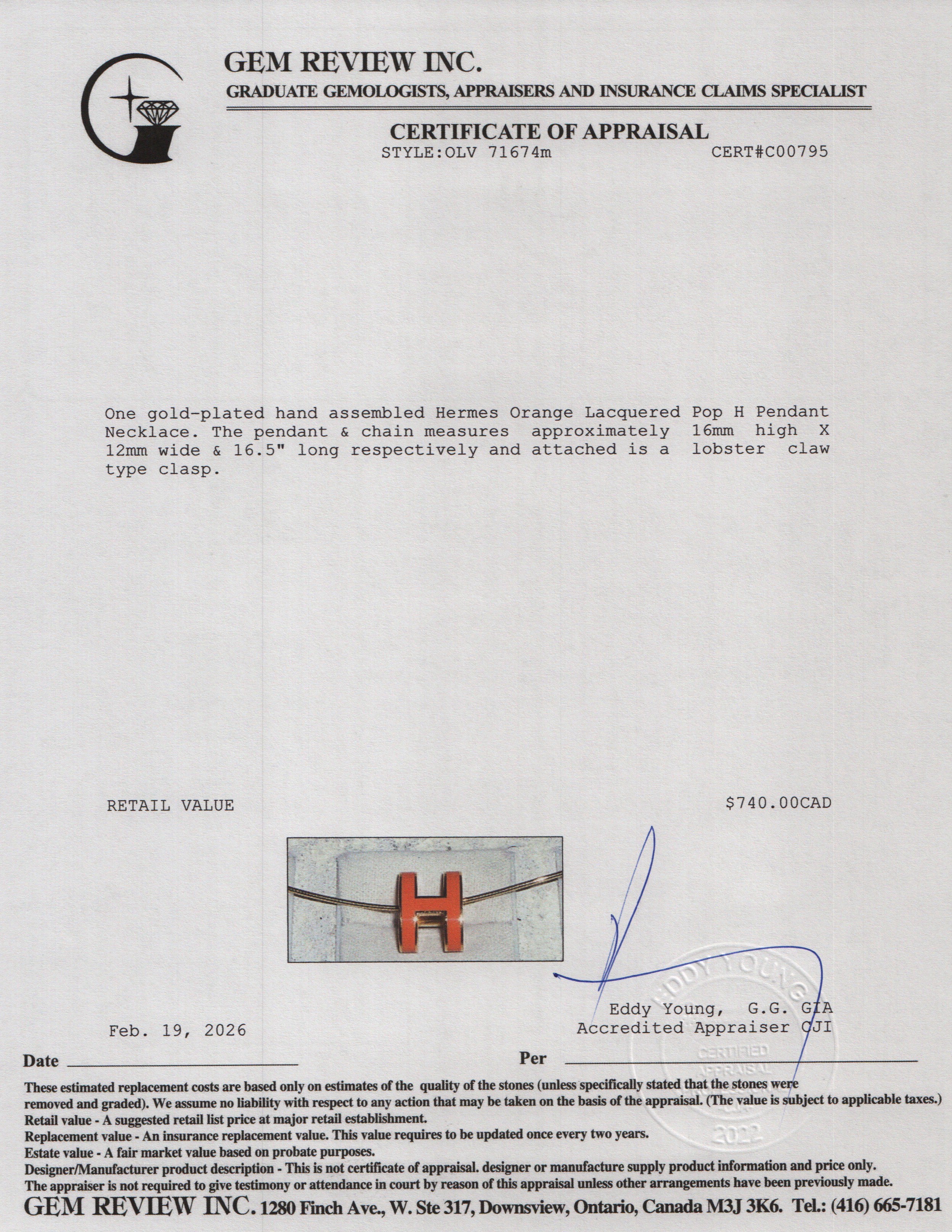 Hermes Yellow Gold-Plated Orange Lacquered Pop H Pendant Necklace w/ Box