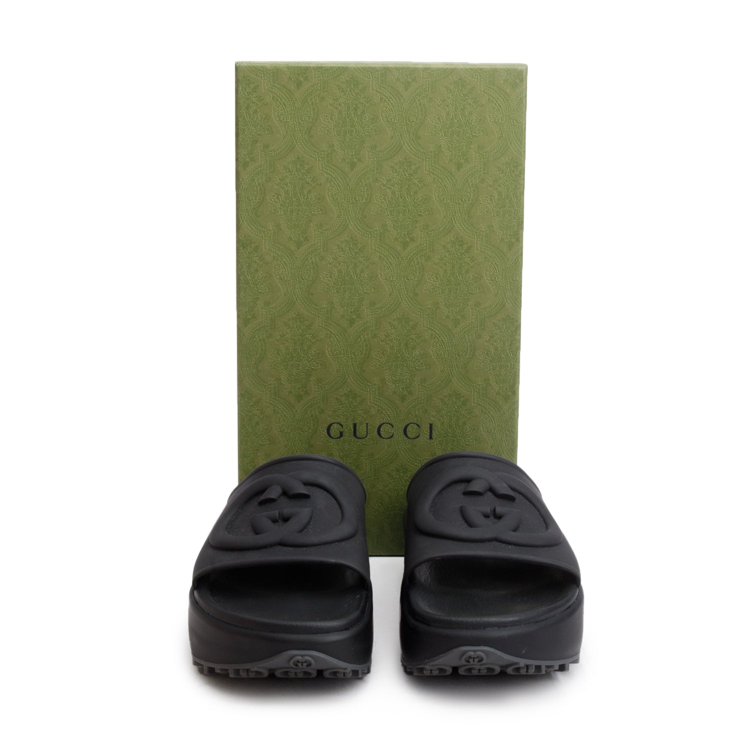 Gucci Black Interlocking G Logo Rubber Platform Slides, Women's Size 42 w/ Box
