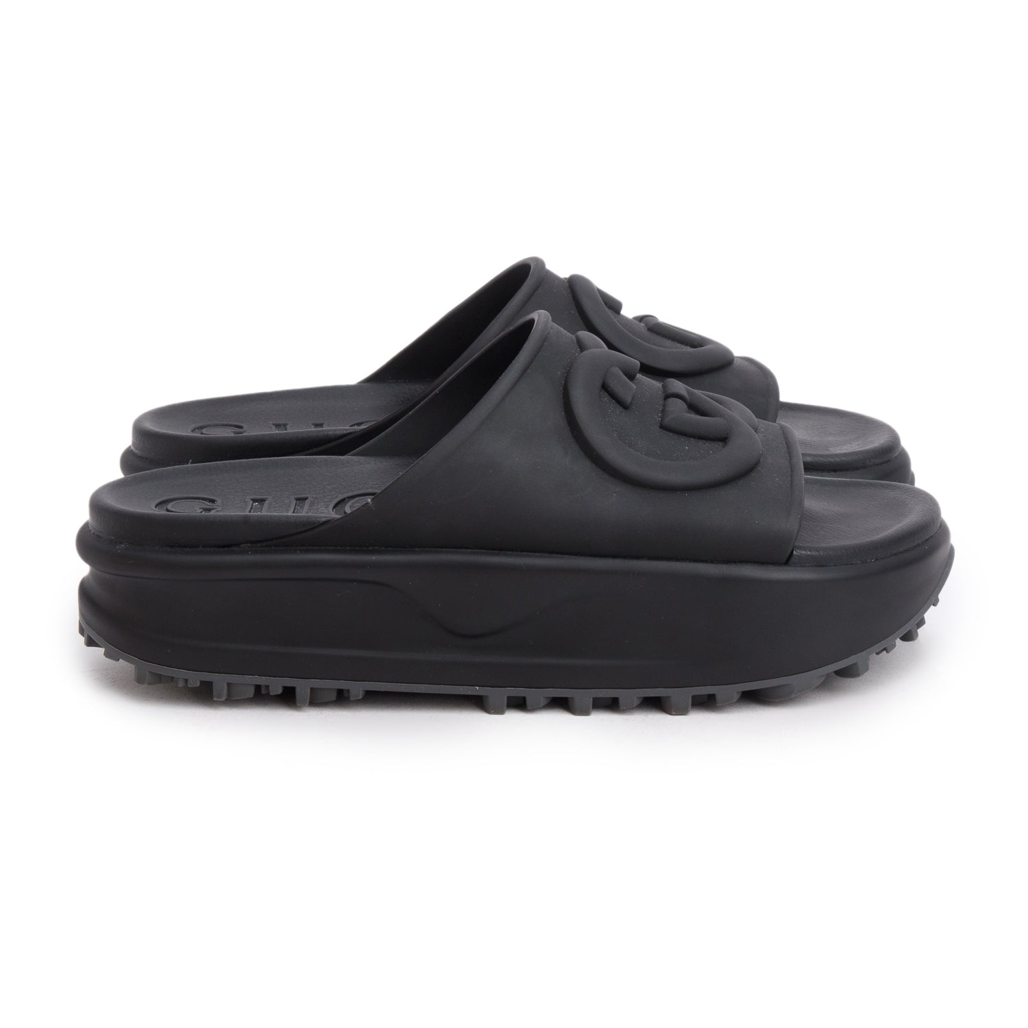 Gucci Black Interlocking G Logo Rubber Platform Slides, Women's Size 42 w/ Box