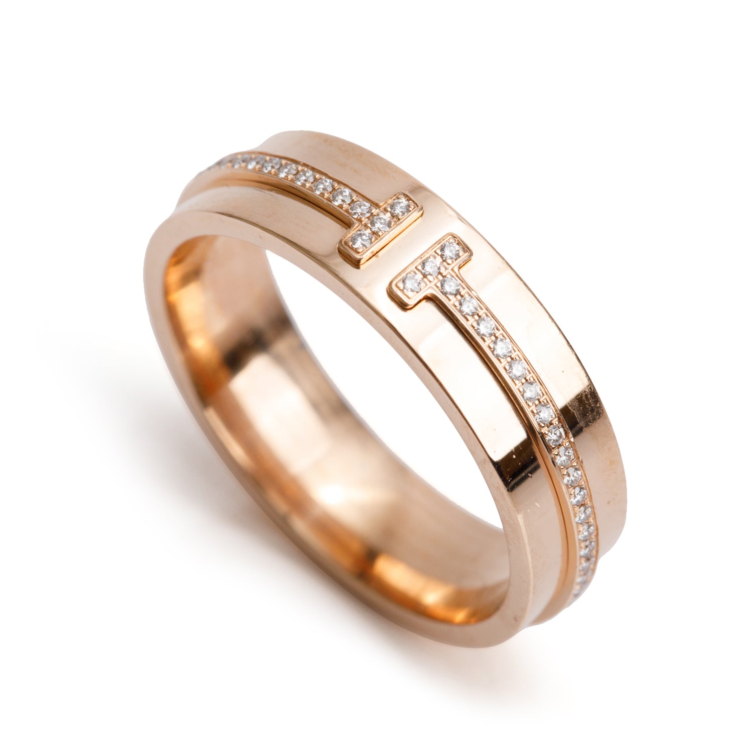 Tiffany & Co. 18k Rose Gold Diamond T 5.5 MM Wide Ring, Size 8 w/ Box & Receipt