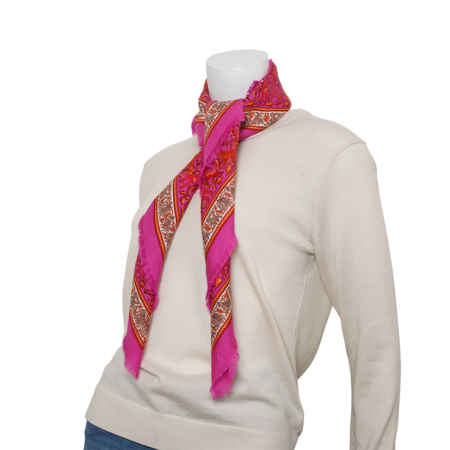 Hermes Multicolor Cashmere Silk 'Chasse en Indie' Scarf 90