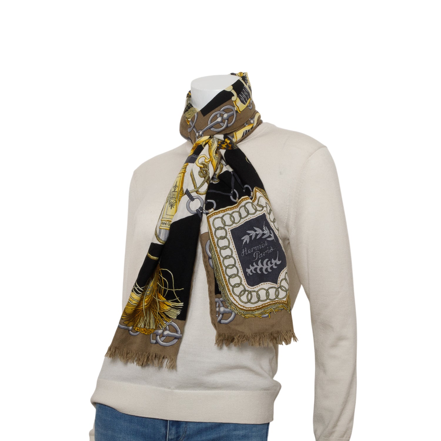 Hermes Black/Yellow Cashmere SIlk 'Cliquetis' Scarf