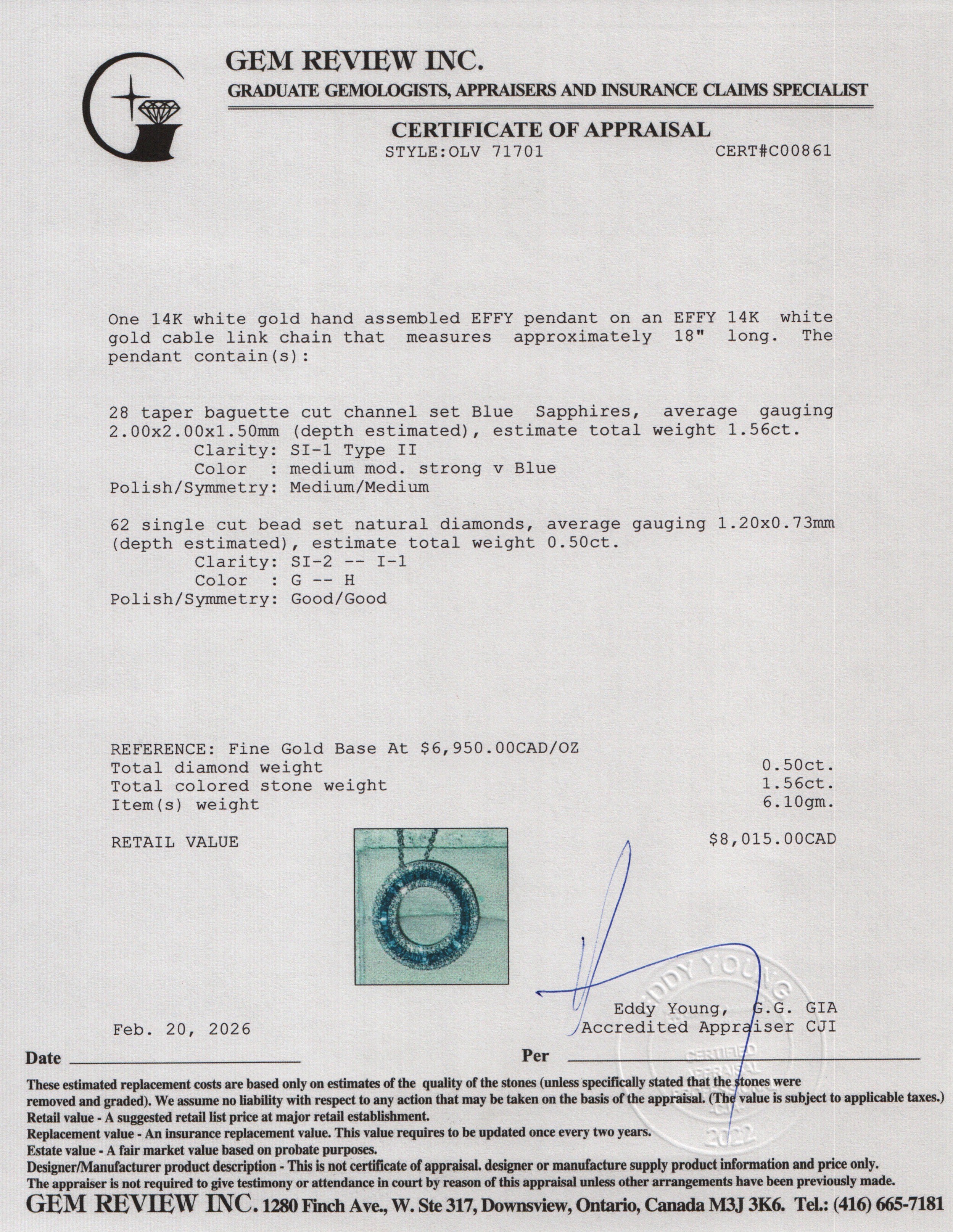 Effy 14k White Gold Sapphire & Diamond Round Pendant Necklace w/ Box