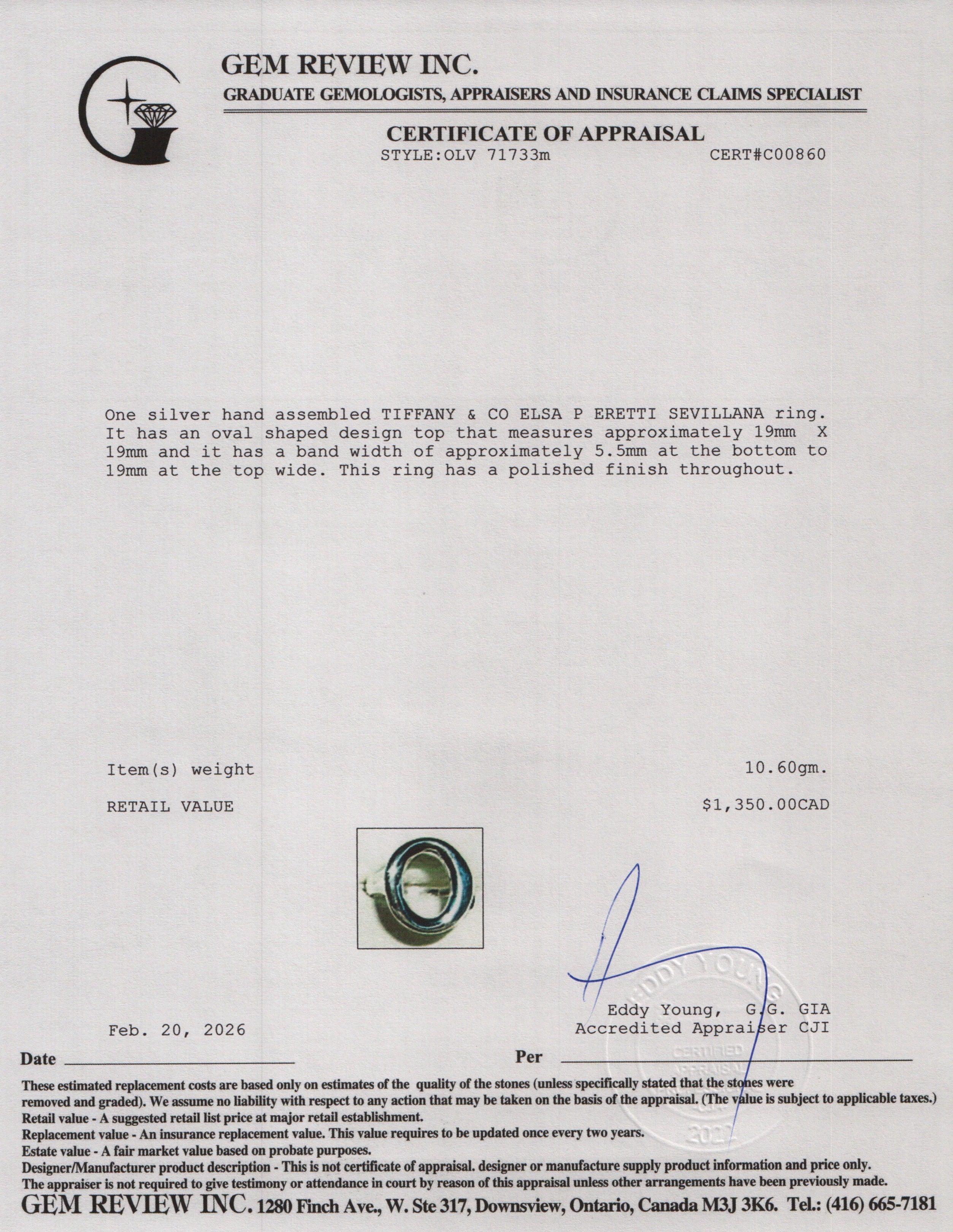 Tiffany & Co. Elsa Peretti Sterling Silver Sevillana Ring, Size 7.5