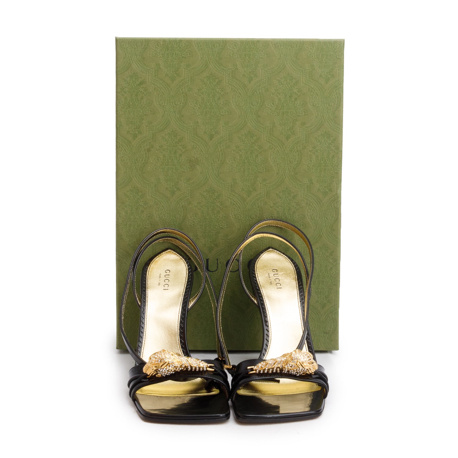 Gucci Black Teal Regent Calfskin Crystal Tiger Head Wedge Sandals, Women's Size 37 w/ Box