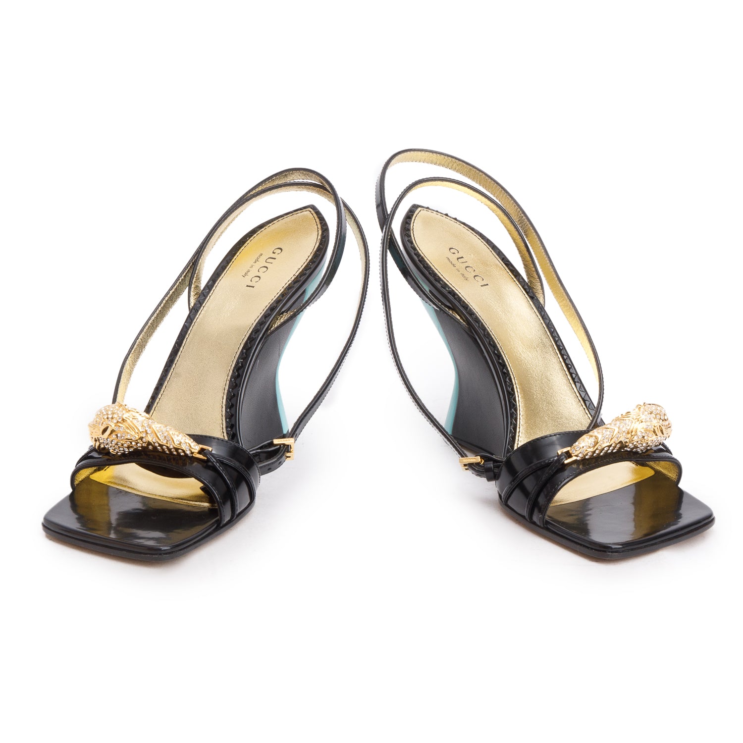 Gucci Black Teal Regent Calfskin Crystal Tiger Head Wedge Sandals, Women's Size 37 w/ Box