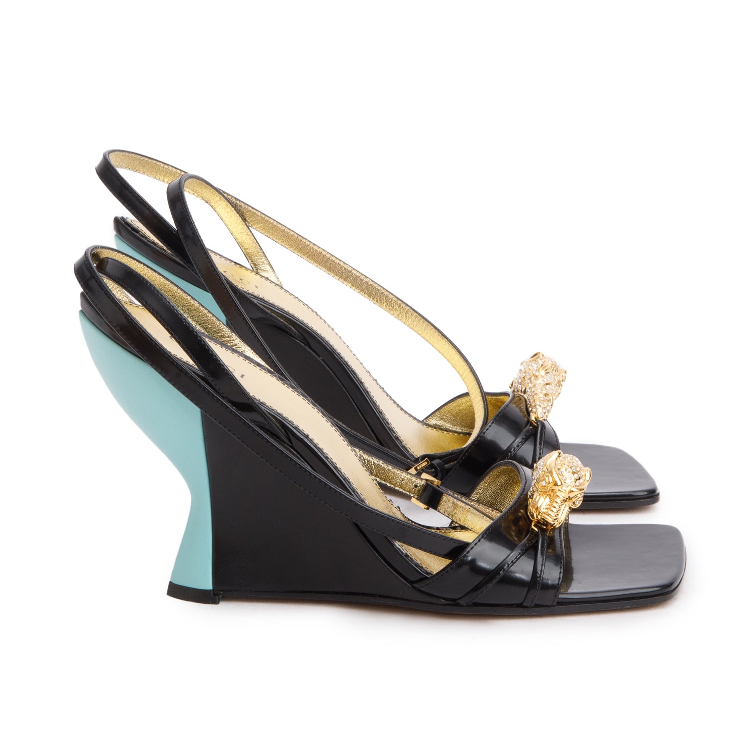 Gucci Black Teal Regent Calfskin Crystal Tiger Head Wedge Sandals, Women's Size 37 w/ Box