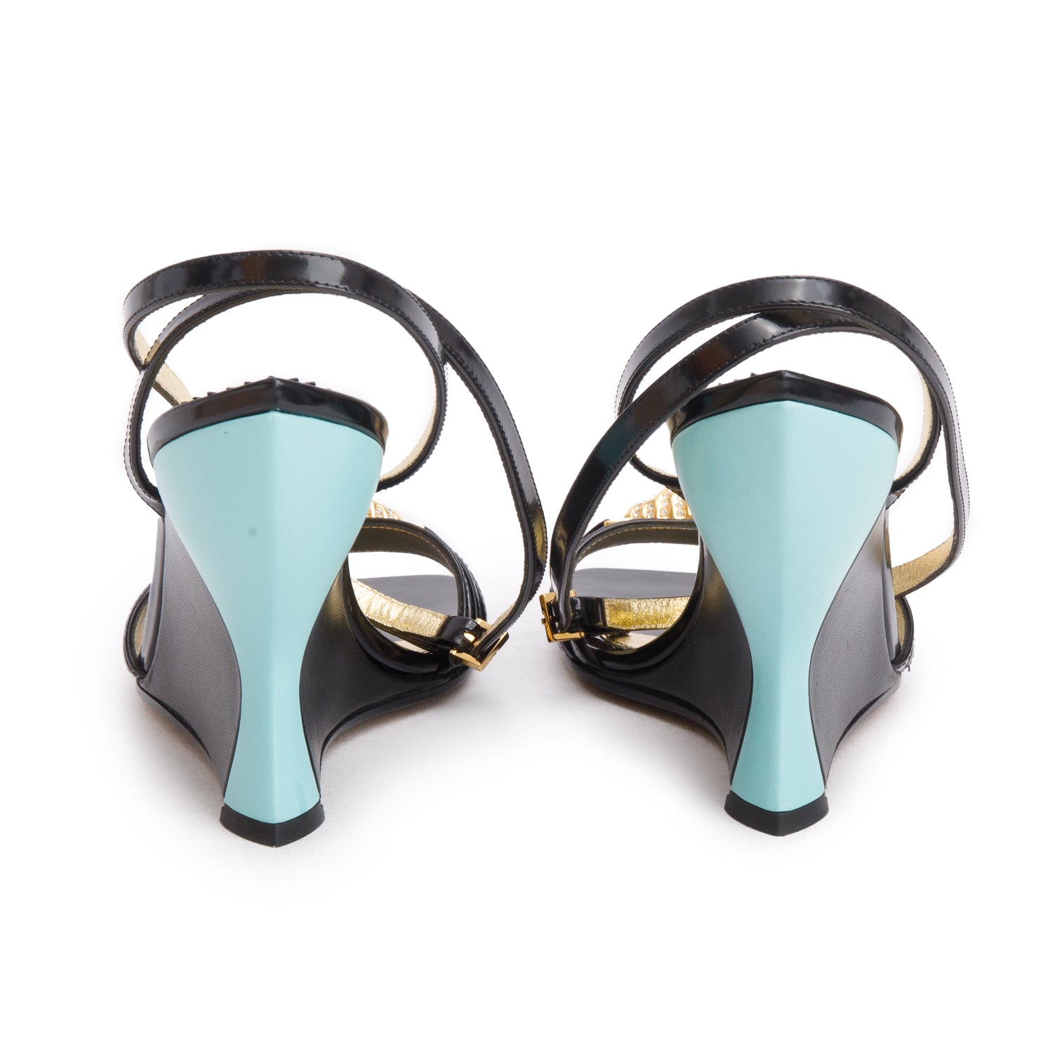 Gucci Black Teal Regent Calfskin Crystal Tiger Head Wedge Sandals, Women's Size 37 w/ Box