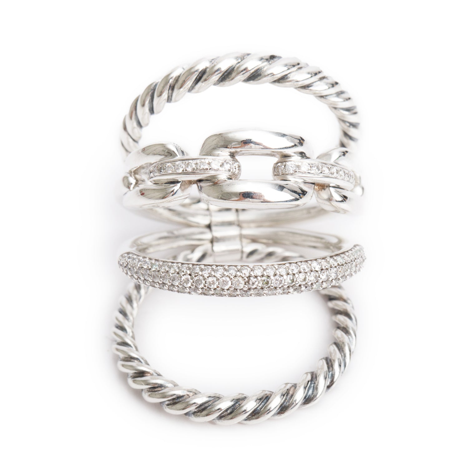 David Yurman Sterling Silver Diamond Stax Four Row Ring, 17 MM, Size 9