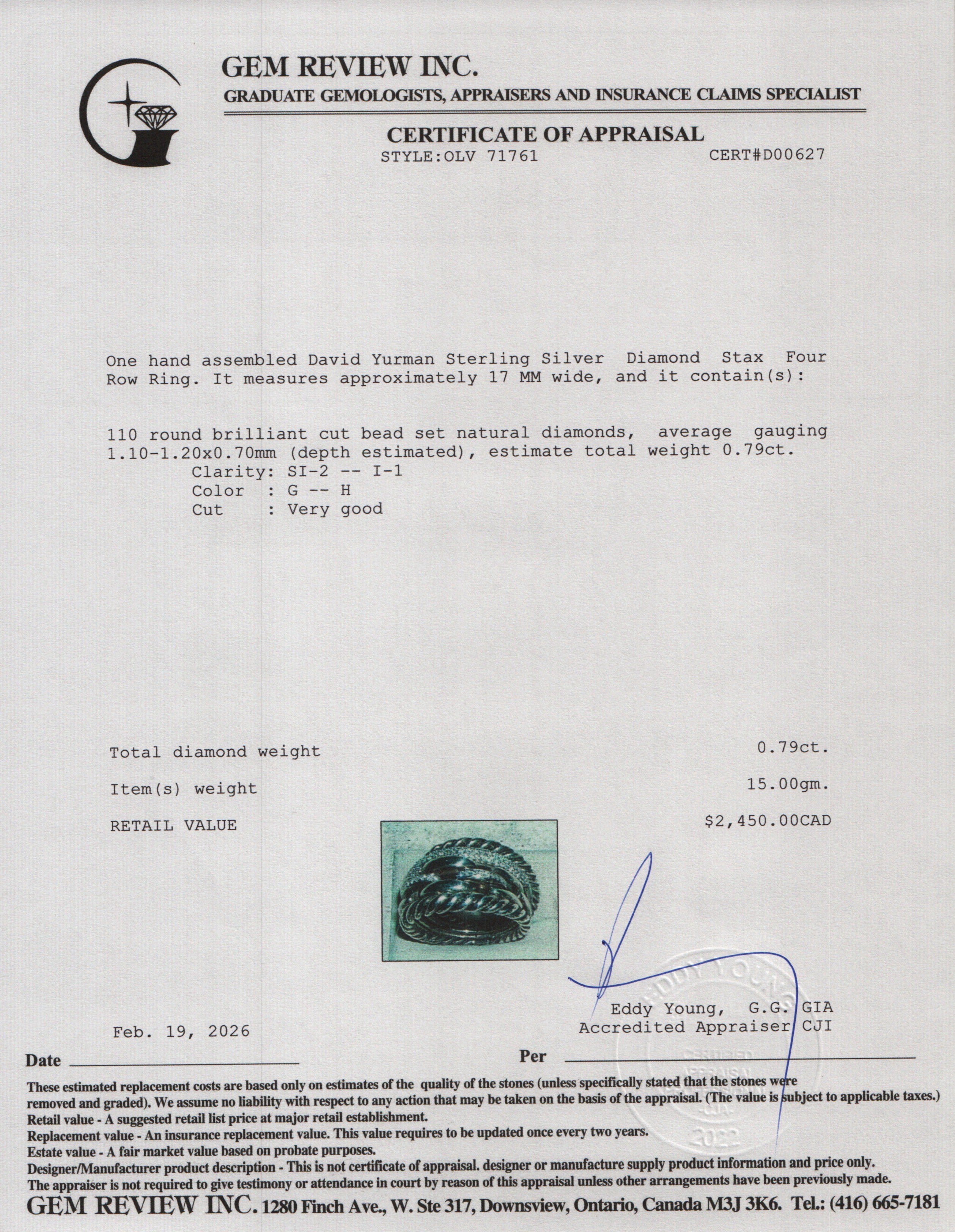 David Yurman Sterling Silver Diamond Stax Four Row Ring, 17 MM, Size 9