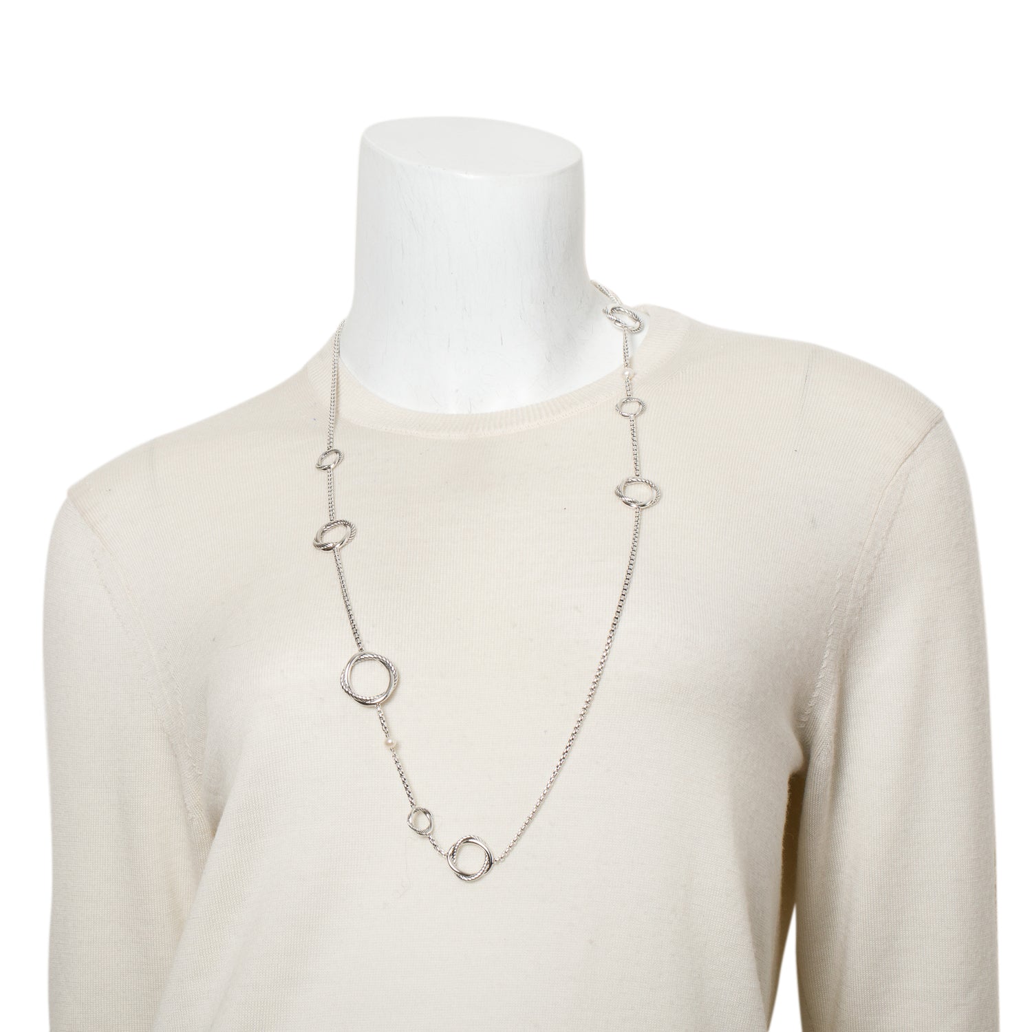 David Yurman Sterling Silver Pearl Cable Infinity Station Long Necklace
