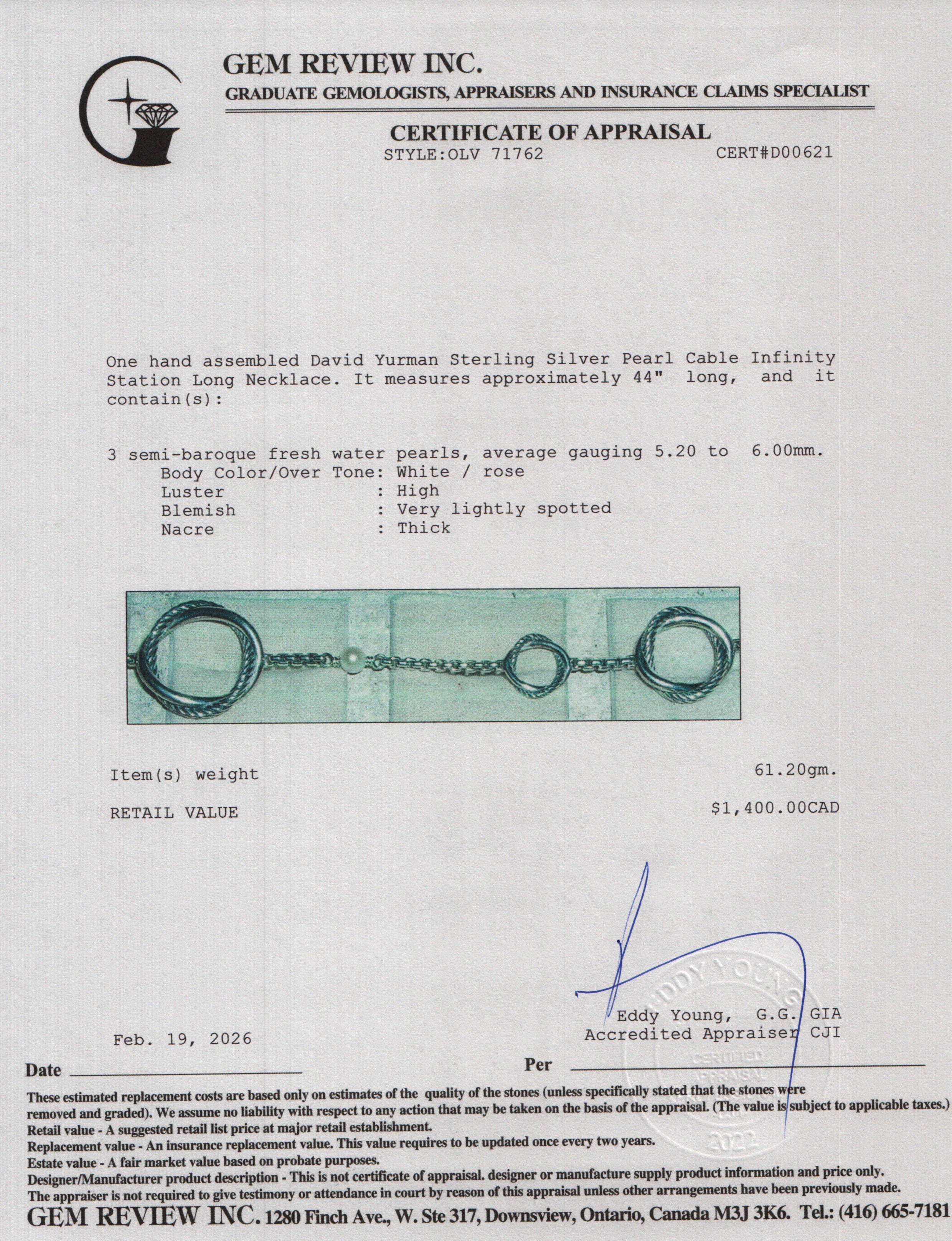 David Yurman Sterling Silver Pearl Cable Infinity Station Long Necklace