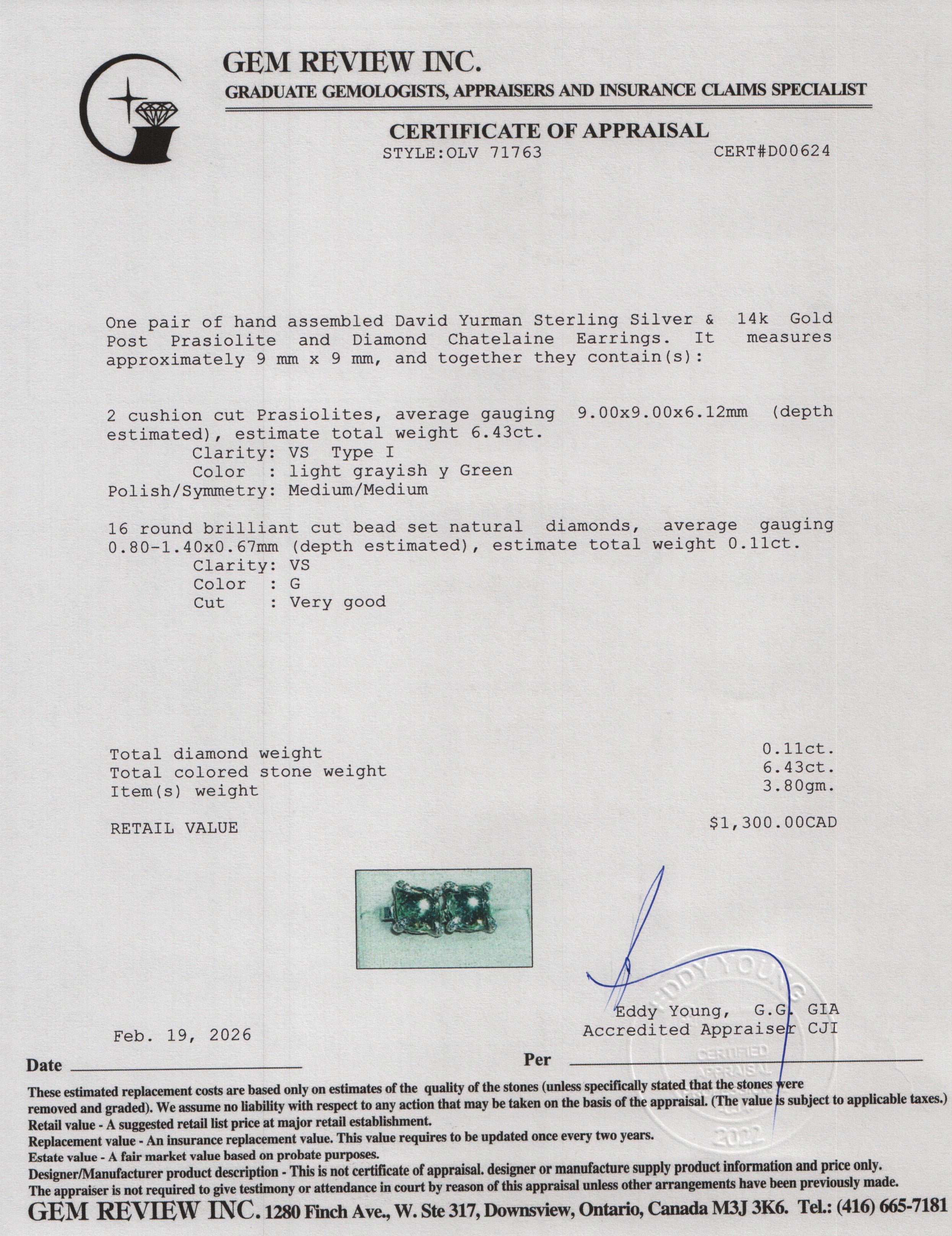 David Yurman Sterling Silver & 14k Gold Post Prasiolite & Diamond Chatelaine Earrings, 9 MM