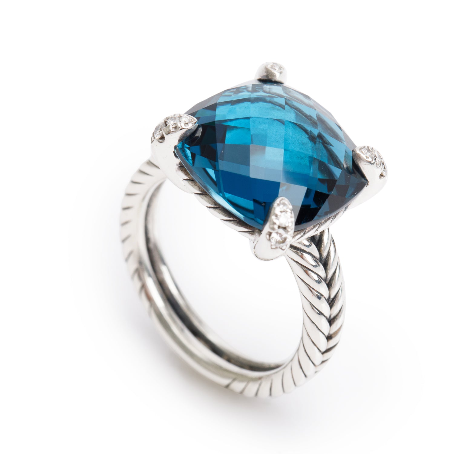 David Yurman Sterling Silver 14 MM Topaz & Diamond Chatelaine Ring, Size 7