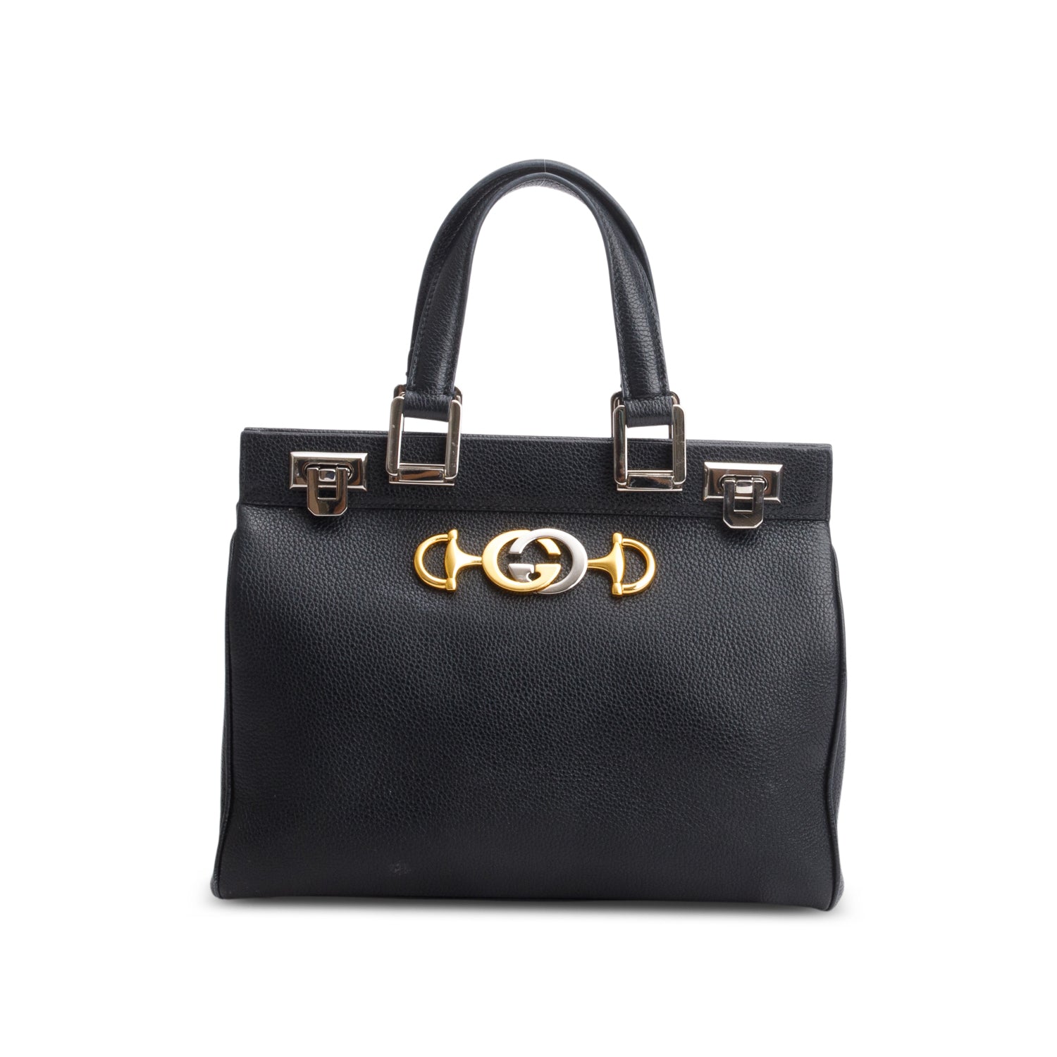Gucci Black Grainy Calfskin Small Zumi Top Handle Bag w/ Strap