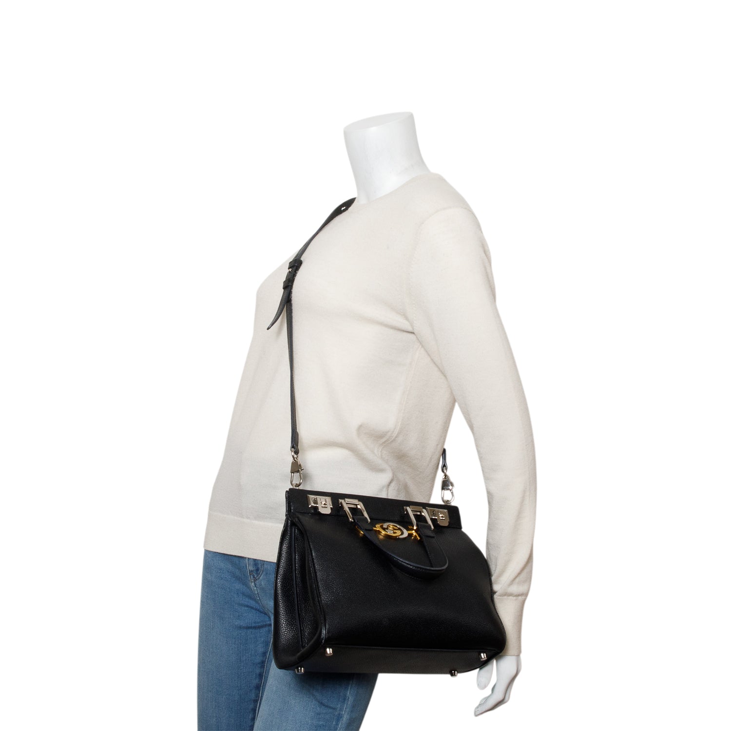 Gucci Black Grainy Calfskin Small Zumi Top Handle Bag w/ Strap