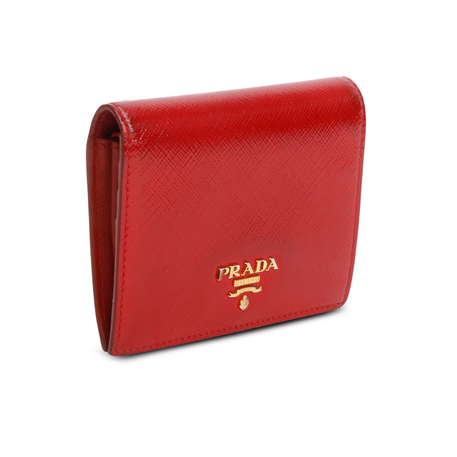 Prada Red Patent Saffiano Leather Metal Compact Snap Bi-Fold Wallet