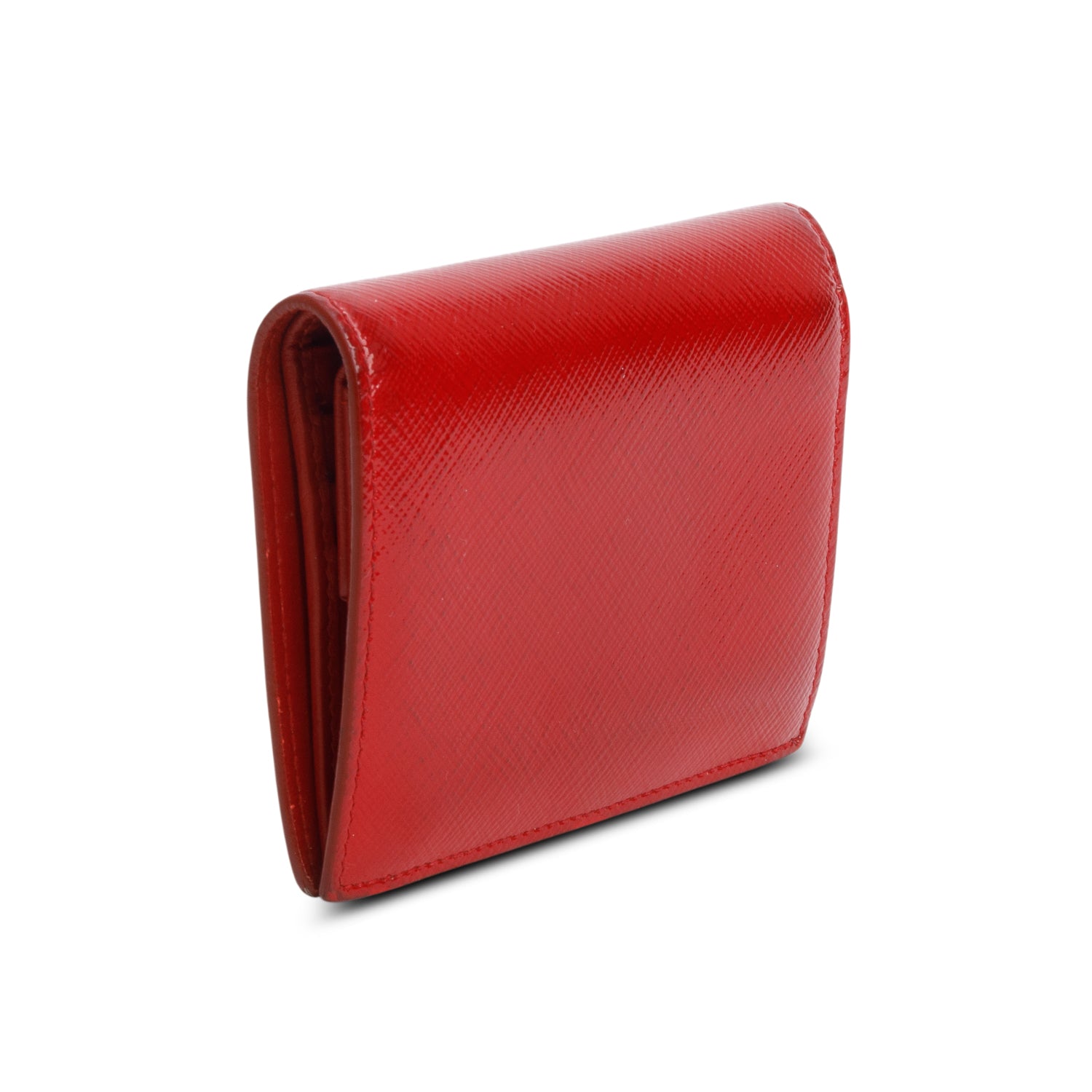 Prada Red Patent Saffiano Leather Metal Compact Snap Bi-Fold Wallet