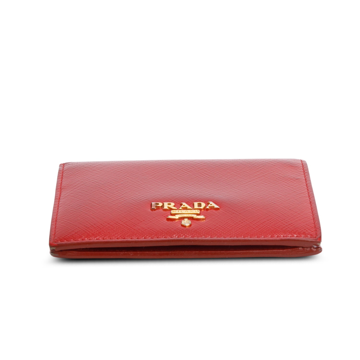 Prada Red Patent Saffiano Leather Metal Compact Snap Bi-Fold Wallet