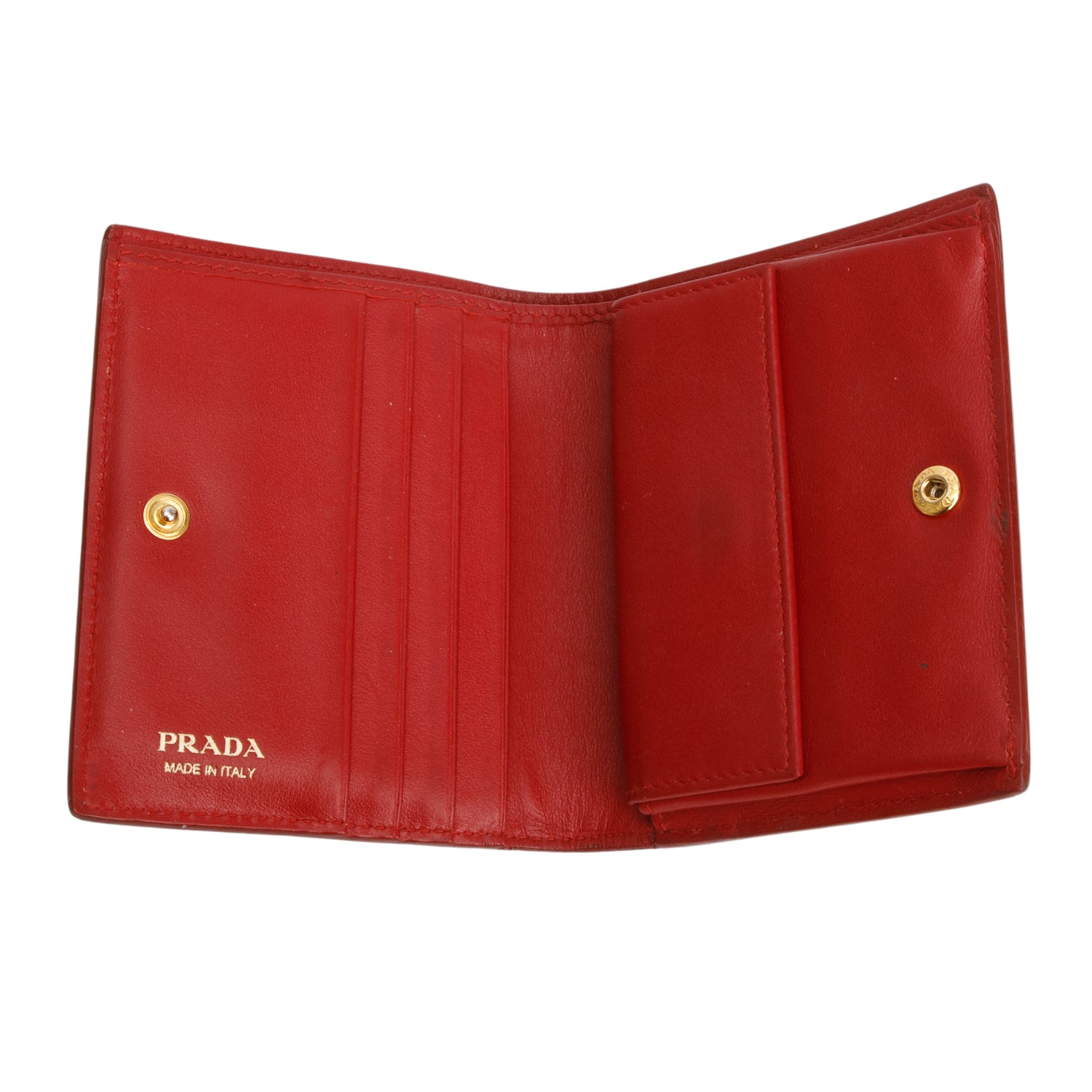 Prada Red Patent Saffiano Leather Metal Compact Snap Bi-Fold Wallet