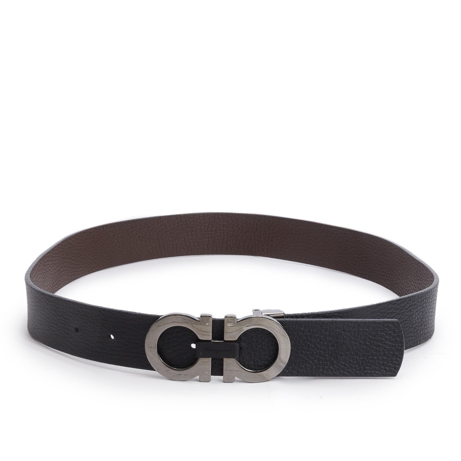 Ferragamo Black/Brown Grained Calfskin Reversible Gancini Belt