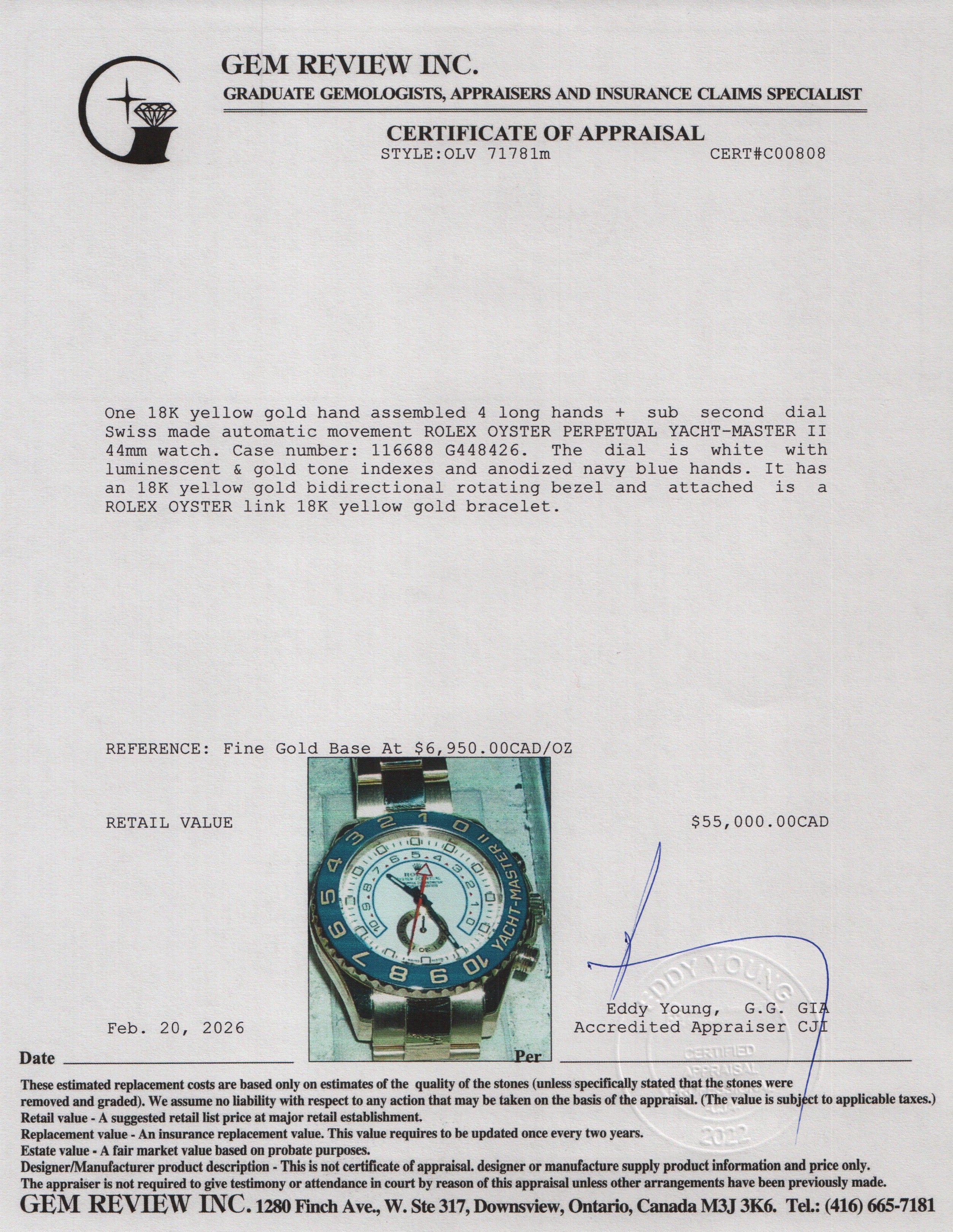 Rolex 18k Yellow Gold Day Yacht-Master II 44 MM Automatic Watch White Dial 116688