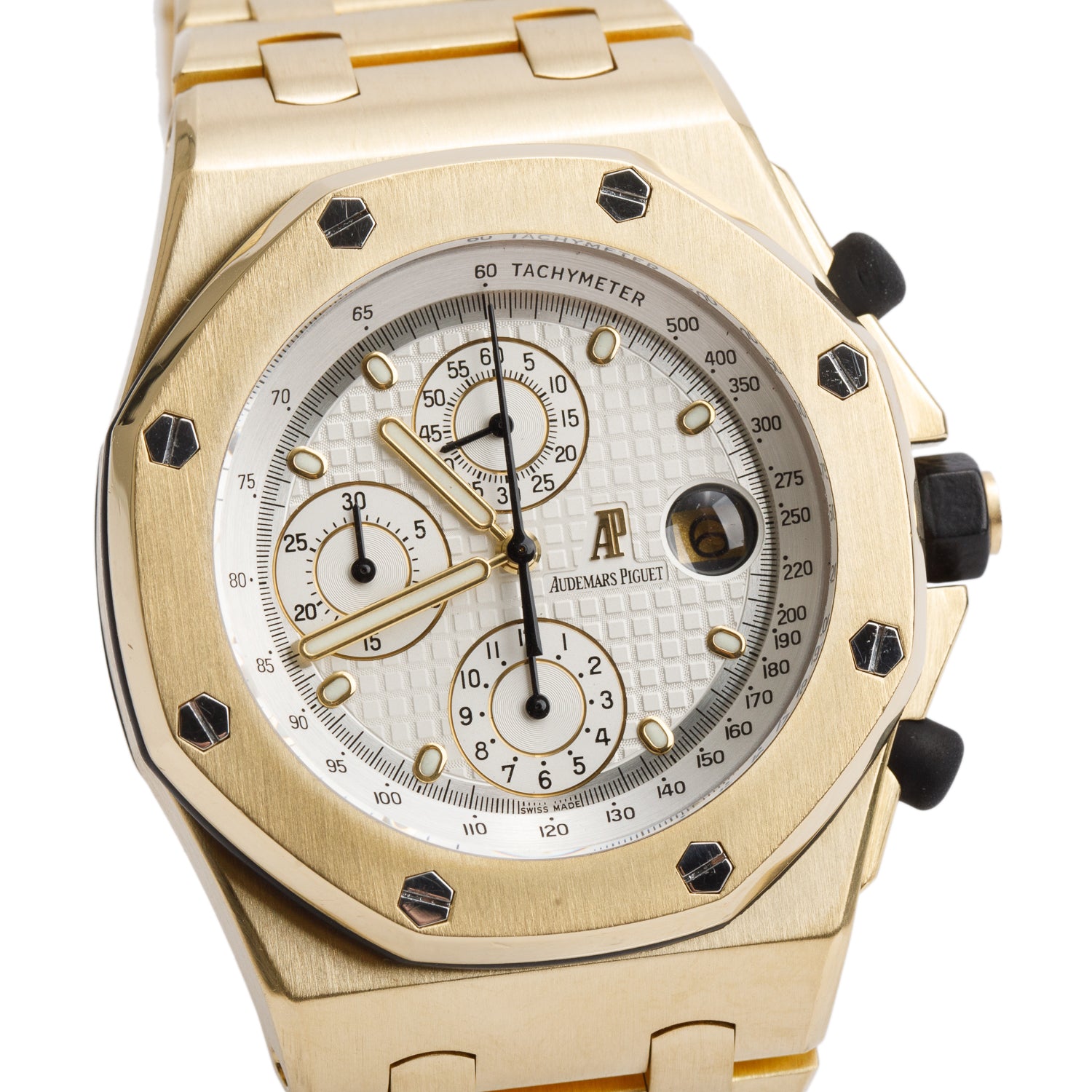 Audemars Piguet 18k Yellow Gold Royal Oak Offshore 42 MM Chronograph Watch White Dial w/ Box & Papers