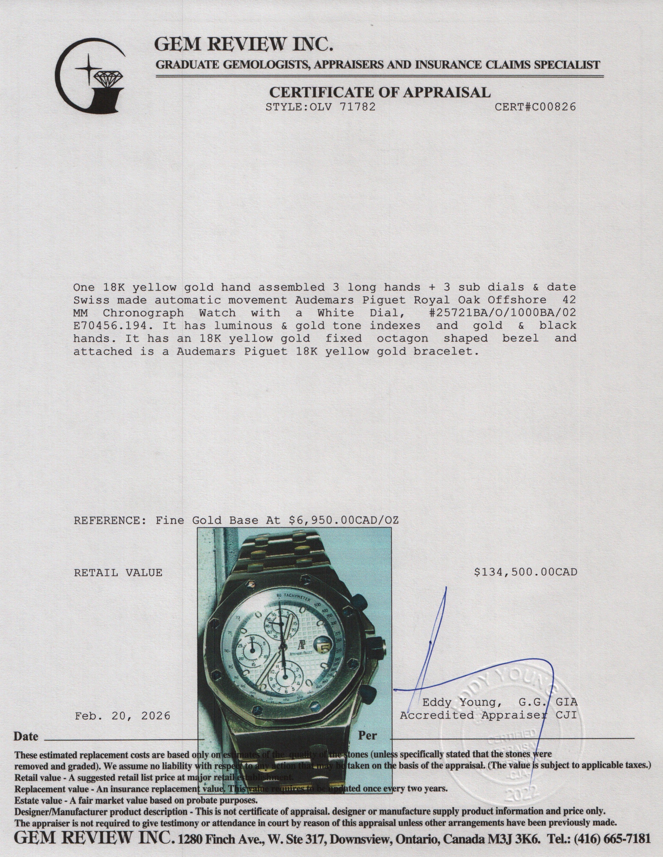 Audemars Piguet 18k Yellow Gold Royal Oak Offshore 42 MM Chronograph Watch White Dial w/ Box & Papers