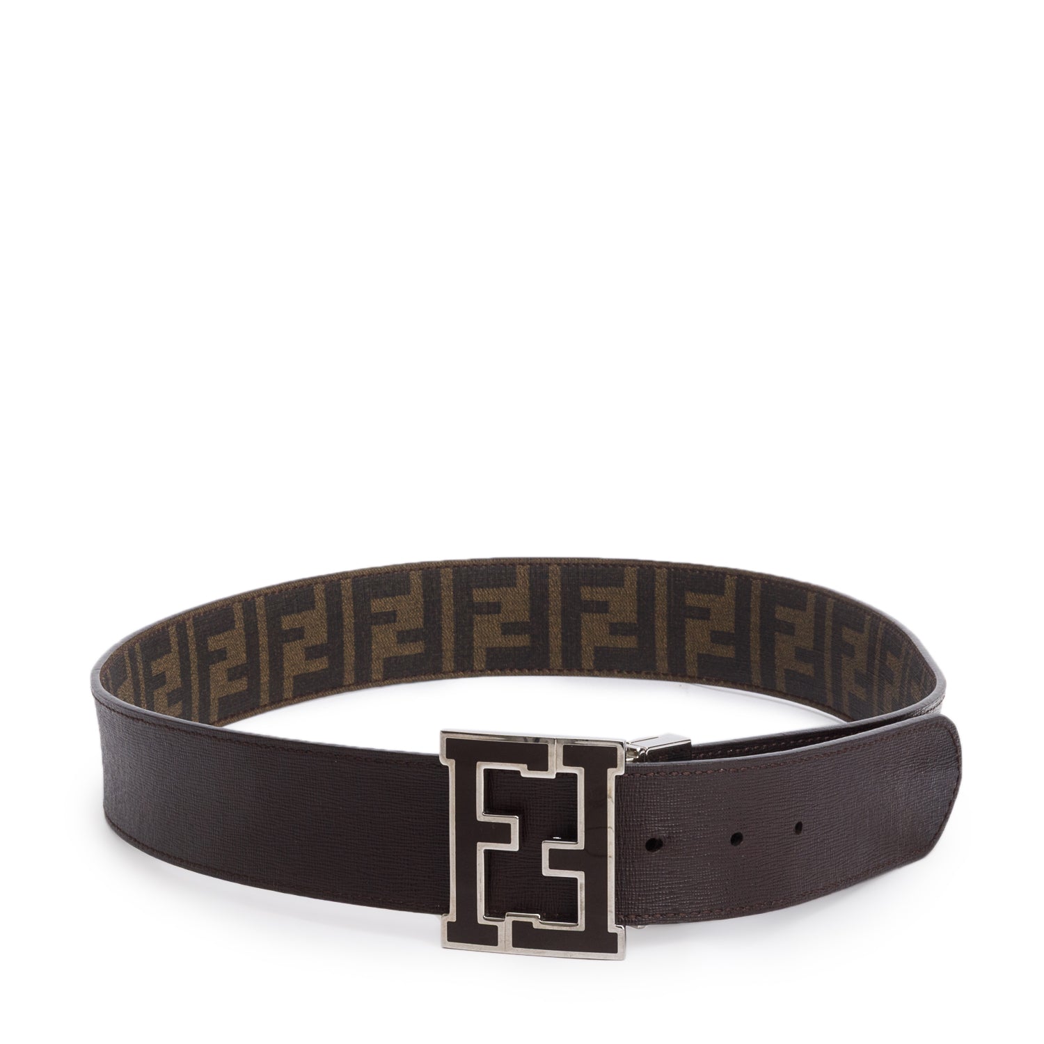 Fendi Brown Leather Zucca Canvas FF Buckle Reversible Belt