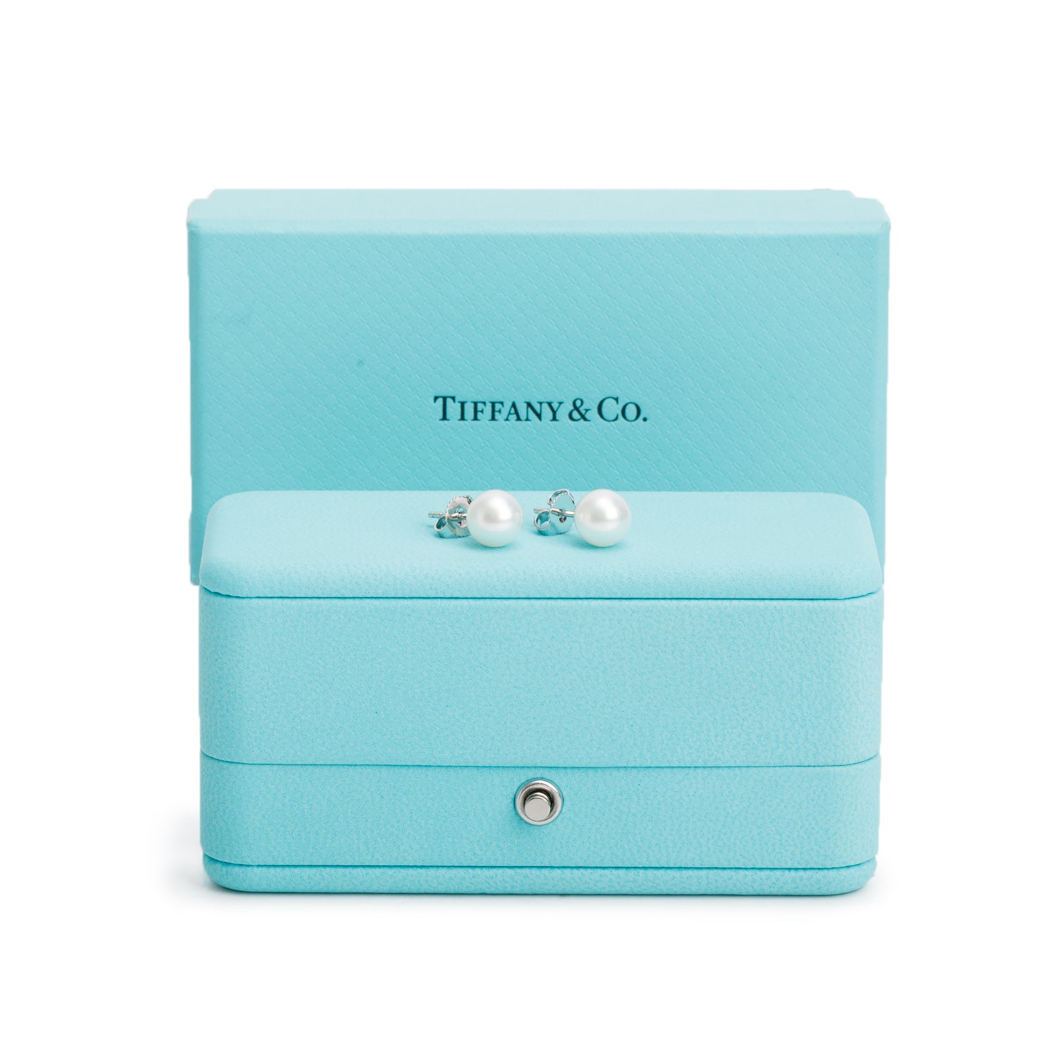 Tiffany & Co. 18k White Gold Signature Pearl Stud Earrings, 7.5-8 MM w/ Box