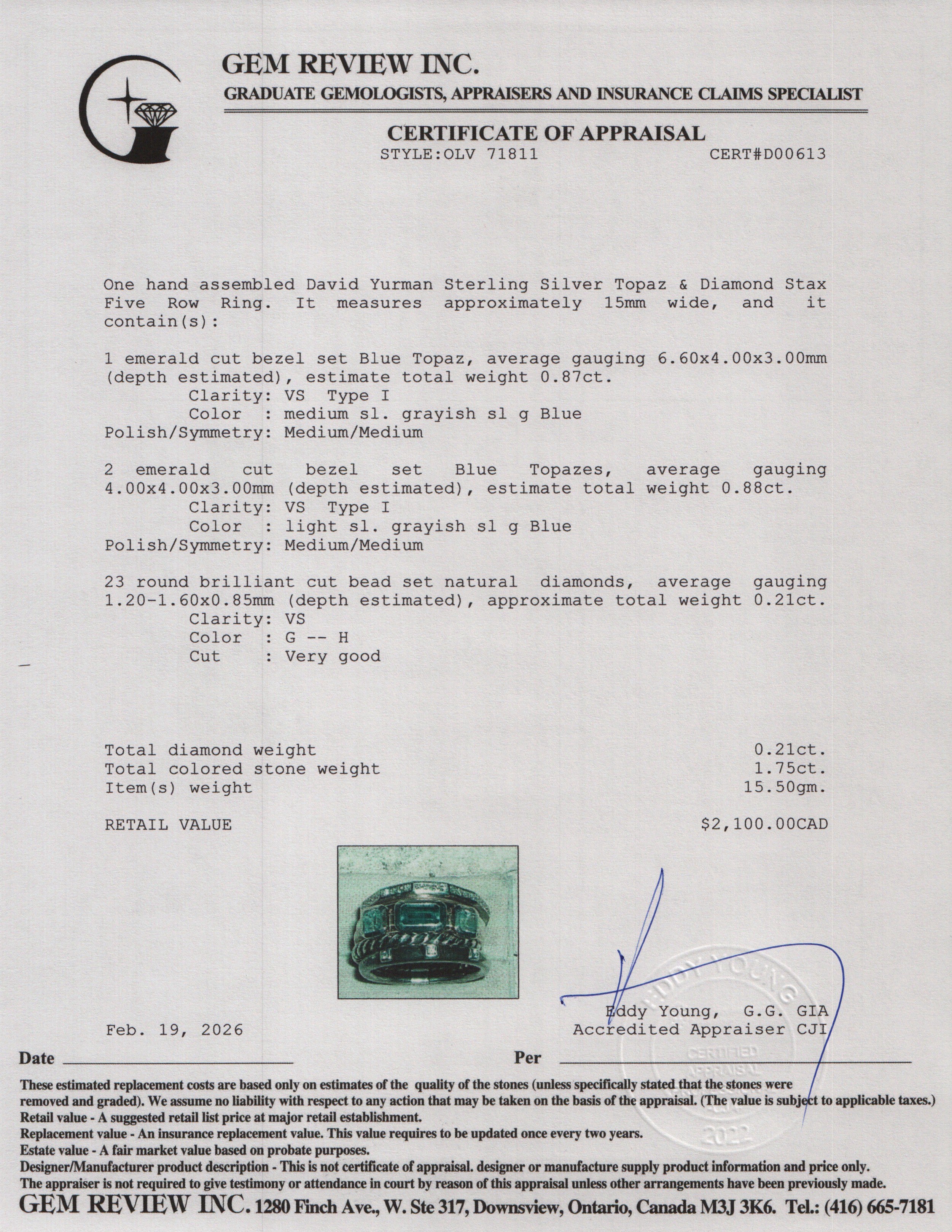 David Yurman Sterling Silver Topaz & Diamond Stax Five Row Ring, Size 8