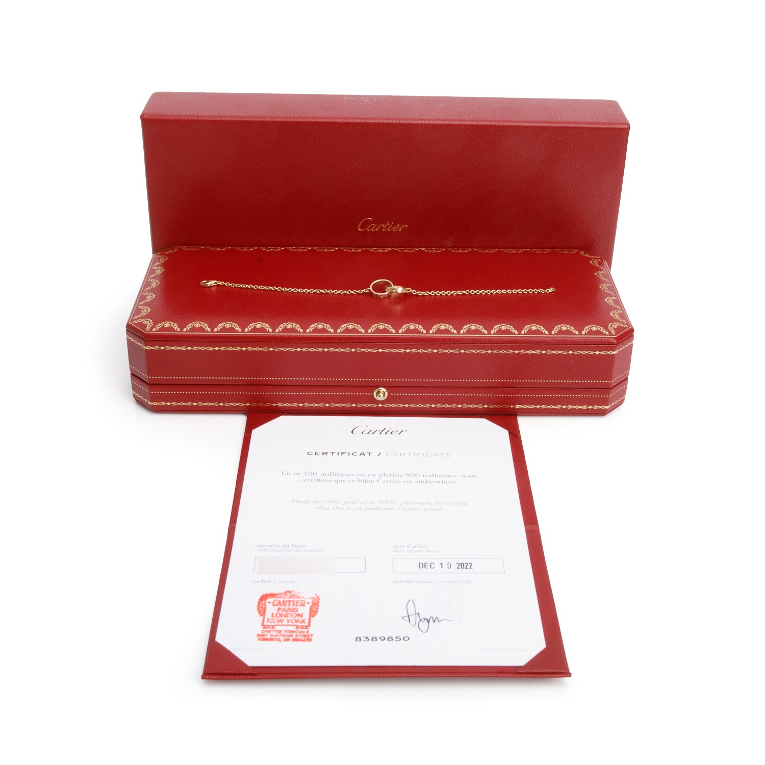 Cartier 18k Yellow Gold Interlocking Love Bracelet w/ Box & Certificate