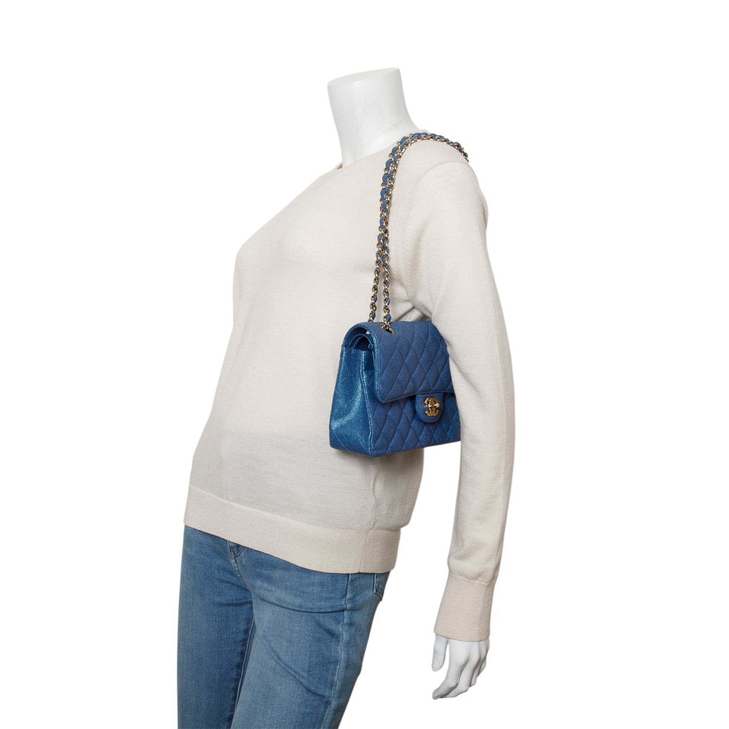 Chanel Iridescent Blue Caviar Quilted Small Double Flap w/ Box
