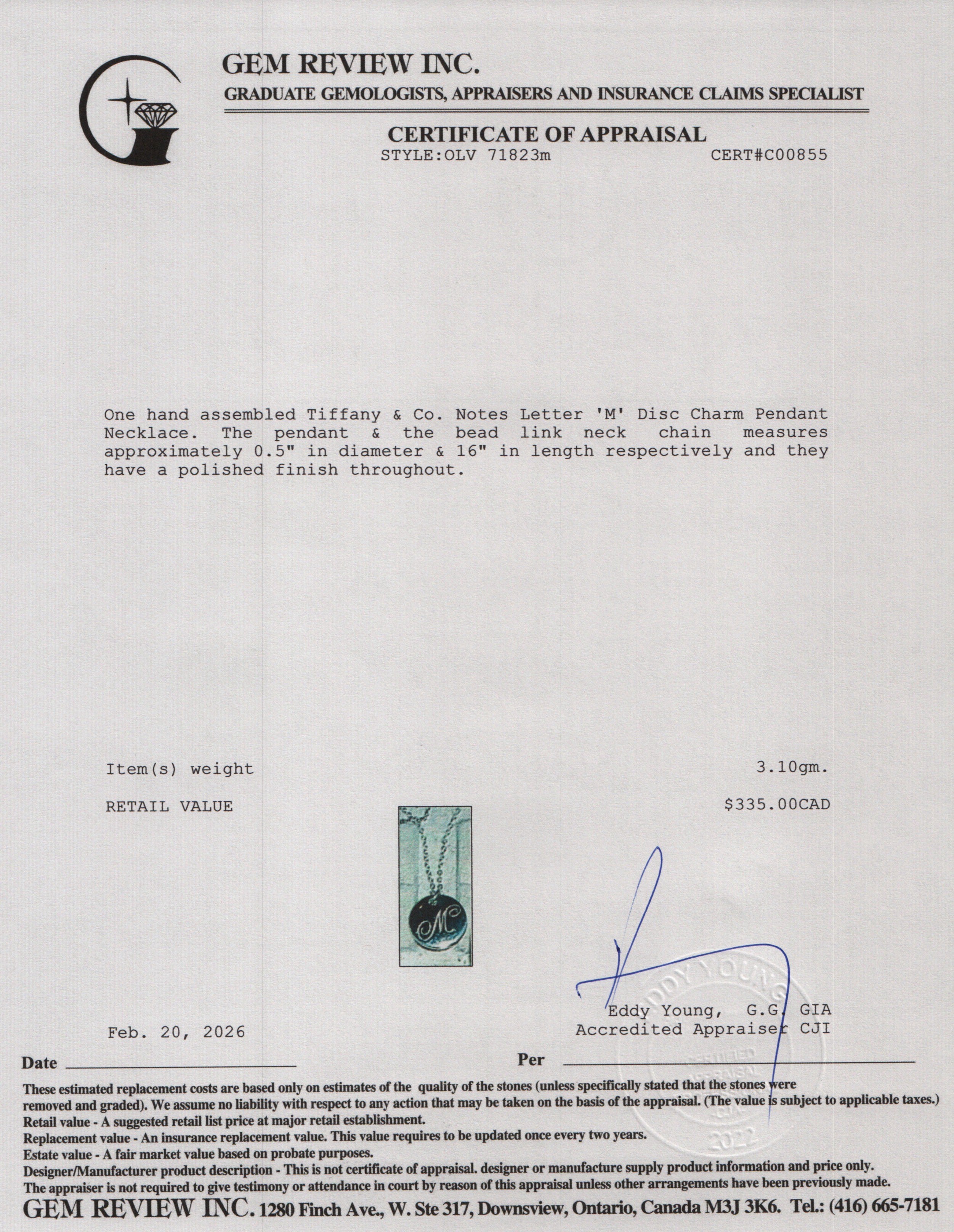 Tiffany & Co. Sterling Silver Notes Letter 'M' Disc Charm Pendant Necklace