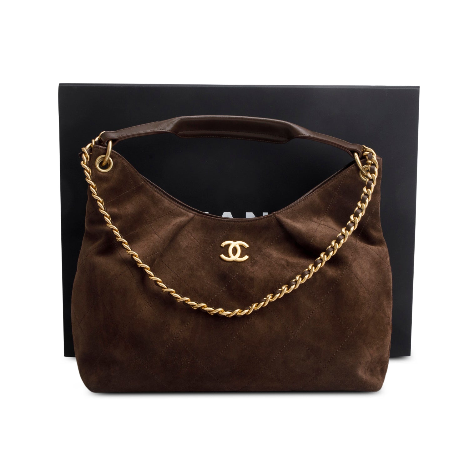 Chanel 2025 Brown Suede Calfskin Lambskin Quilted Maxi Hobo w/ Box