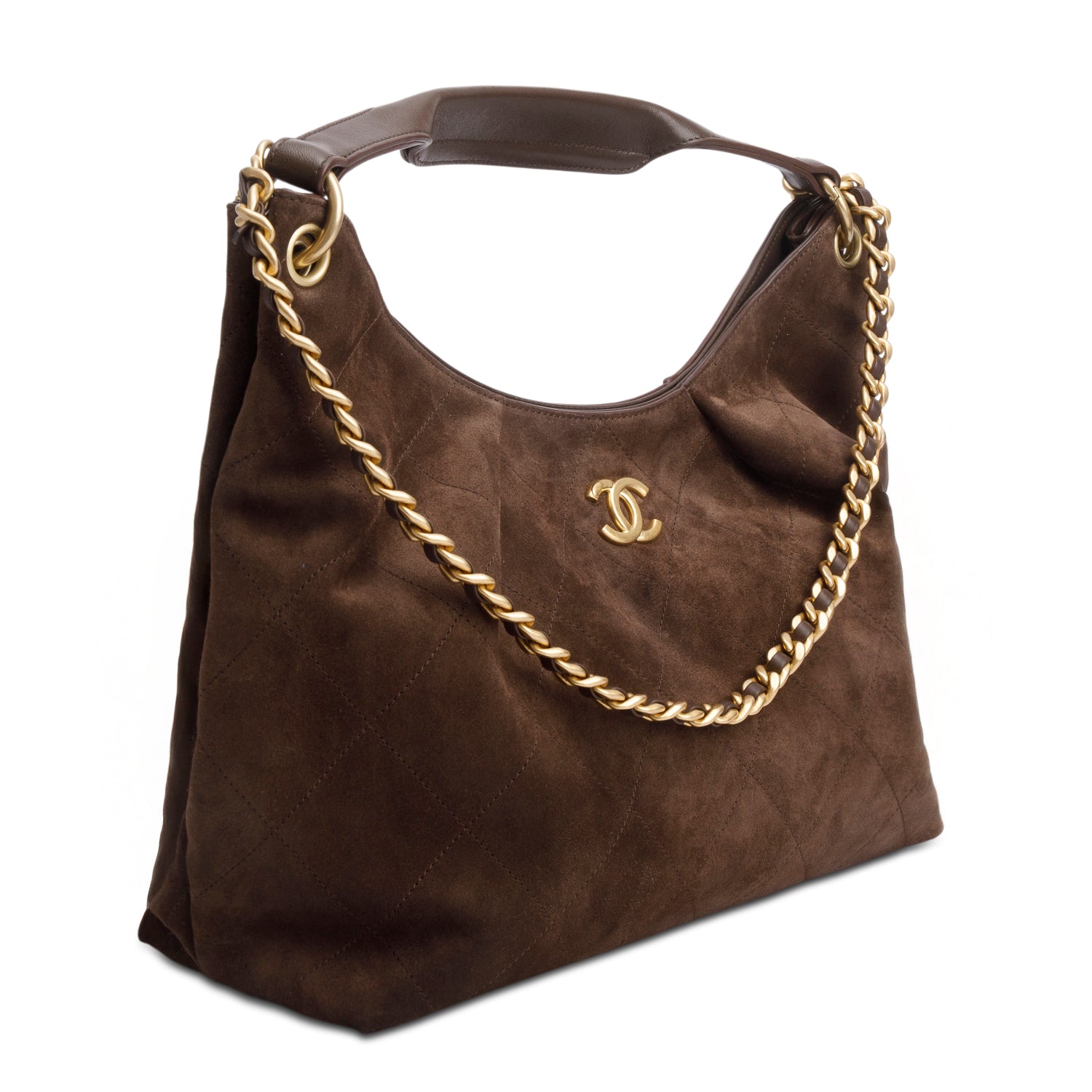 Chanel 2025 Brown Suede Calfskin Lambskin Quilted Maxi Hobo w/ Box