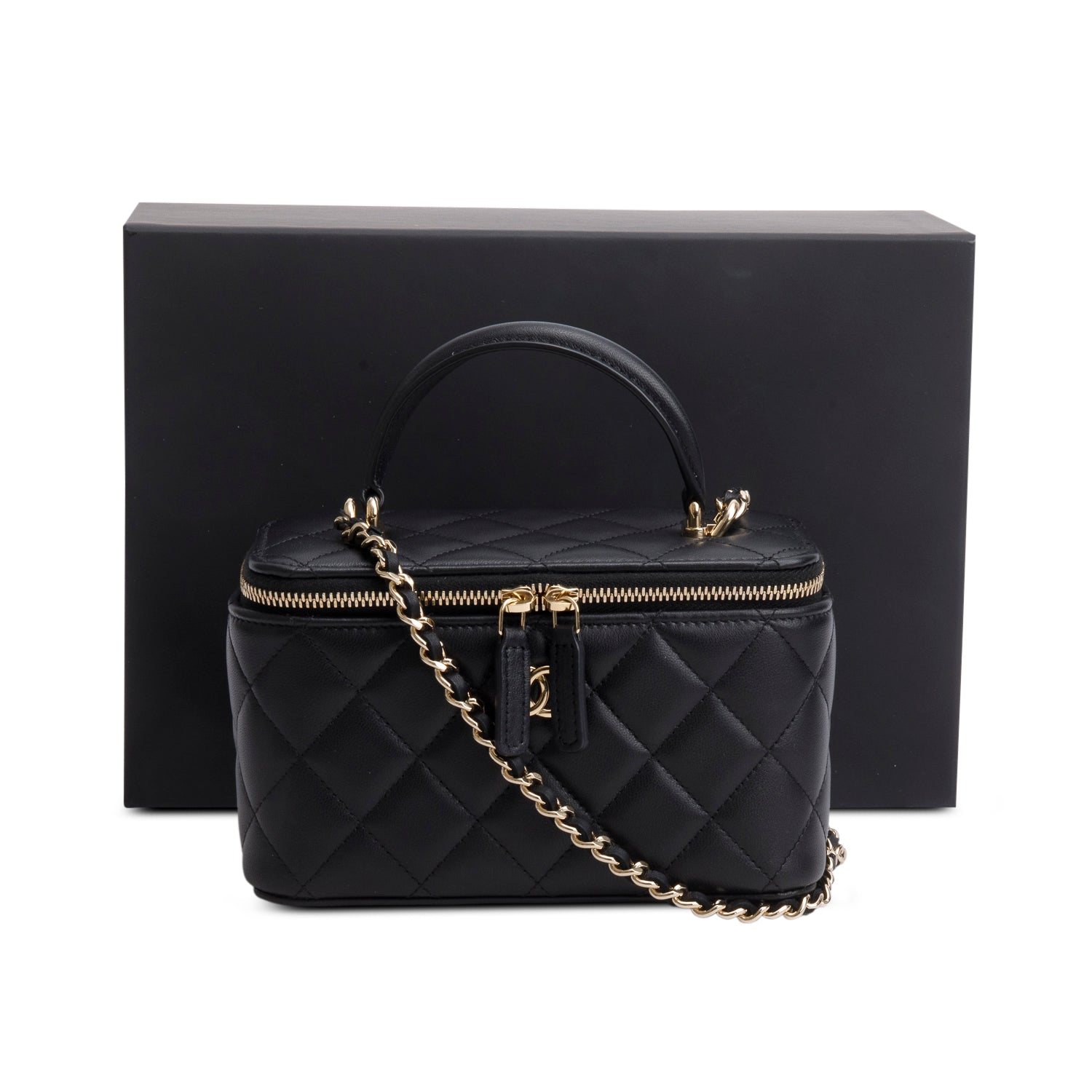 Chanel Black Lambskin Quilted Small Top Handle Vanity Case w/ Box