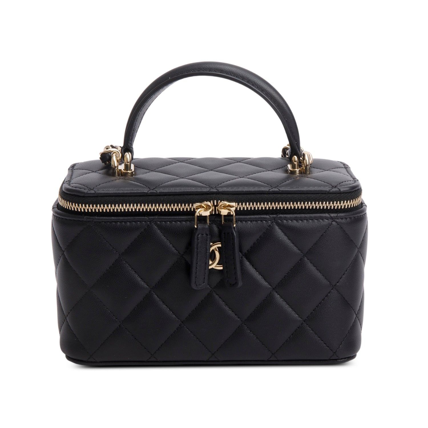 Chanel Black Lambskin Quilted Small Top Handle Vanity Case w/ Box