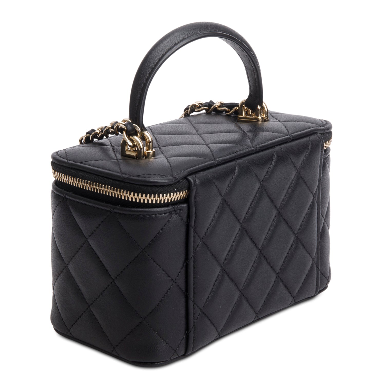 Chanel Black Lambskin Quilted Small Top Handle Vanity Case w/ Box
