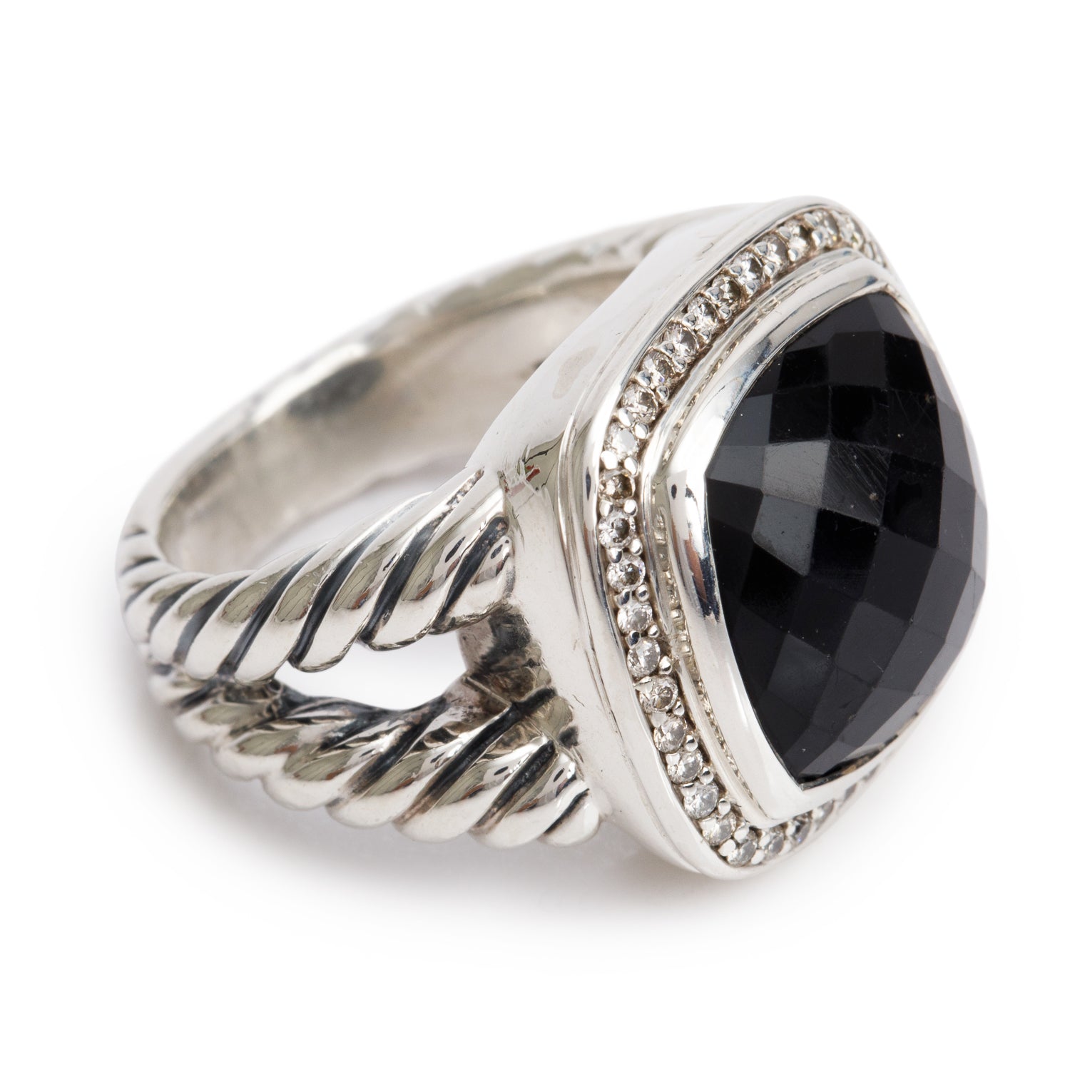 David Yurman Sterling Silver Albion Ring with Black Onyx & Diamonds, 15 MM Size 7